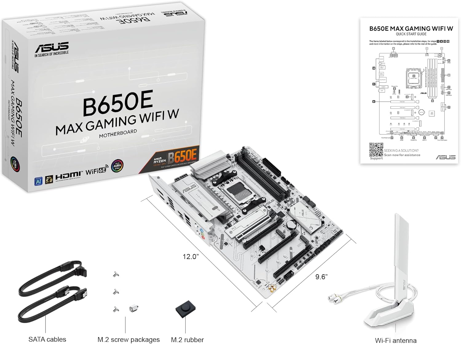ASUS B650E MAX Gaming WiFi W – AMD B650 AM5 ATX Motherboard, White PCB, DDR5, PCIe 5.0, 3X M.2, Wi-Fi 6E, 2.5Gb LAN, USB 10Gbps Type-C, DisplayPort, HDMI™, BIOS Flashback™, Aura Sync, Advanced AI PC