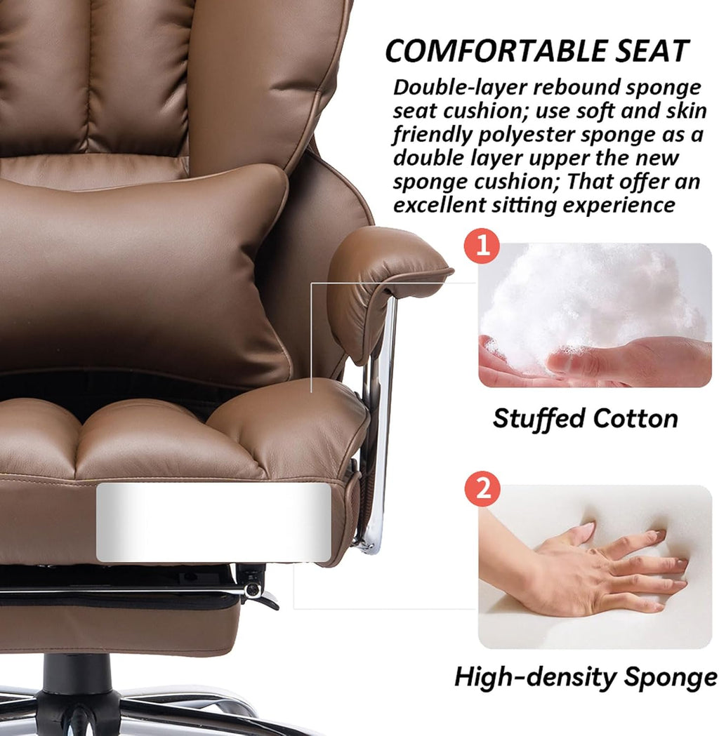 Efomao Big and Tall Office Chair 400lbs – PU Leather Executive Office Chair with Lumbar Support & Leg Rest, Heavy-Duty Computer Chair for Home Office, Brown
