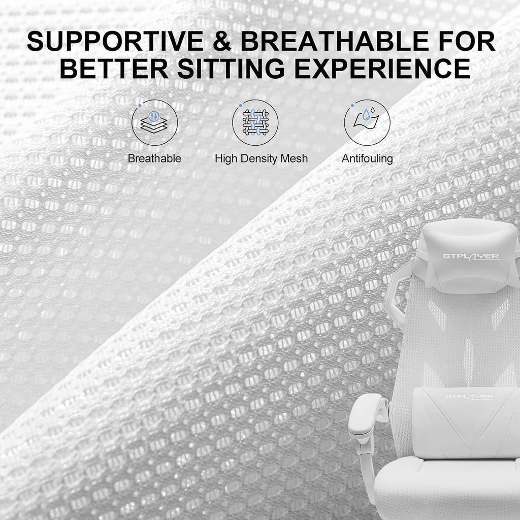 GTPLAYER Gaming Chair, Computer Chair with Mesh Back, Ergonomic Game Chair with Footrest, Reclining Game Chair with Adjustable Headrest and Lumbar Support for Gaming and Office (White)