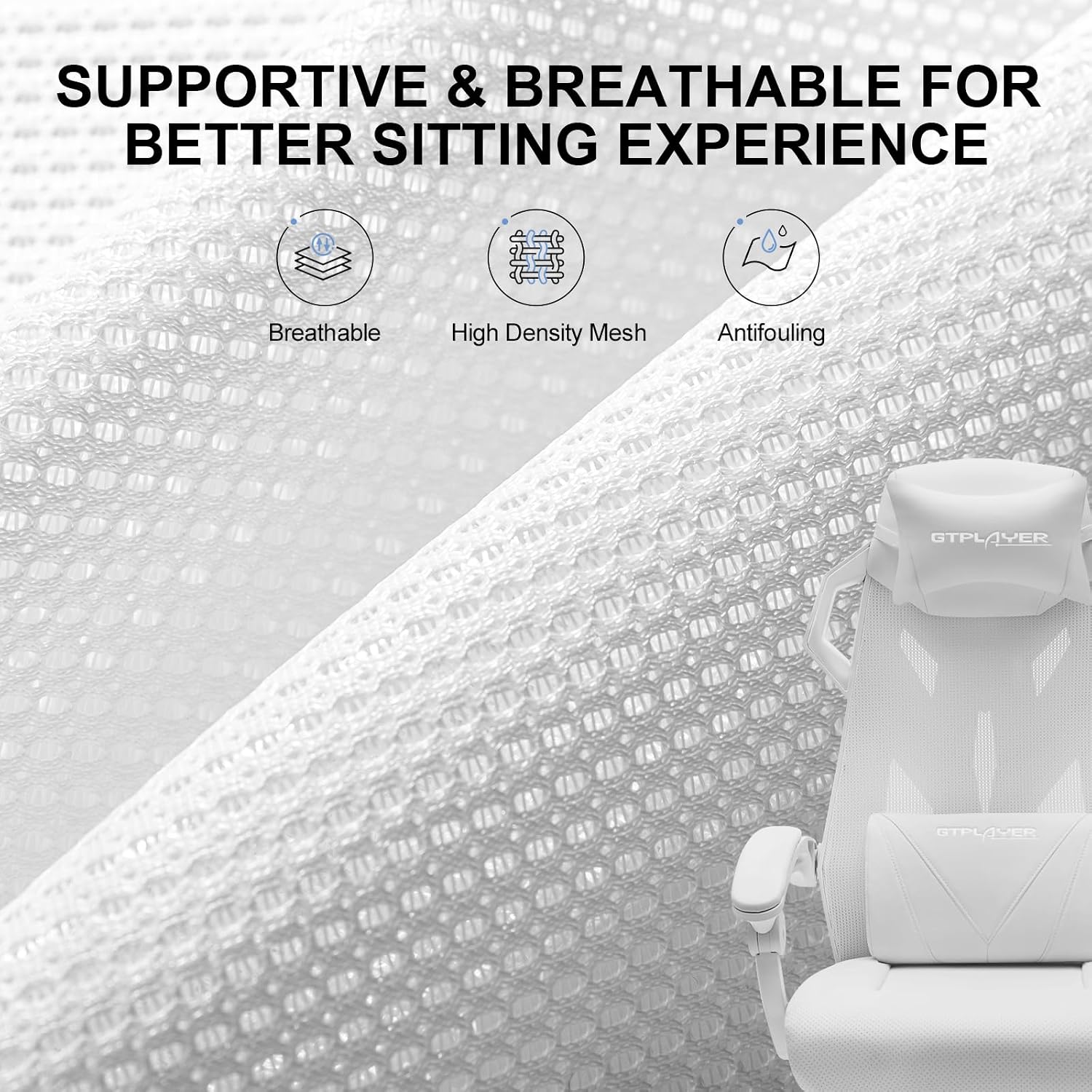 GTPLAYER Gaming Chair, Computer Chair with Mesh Back, Ergonomic Game Chair with Footrest, Reclining Game Chair with Adjustable Headrest and Lumbar Support for Gaming and Office (White)