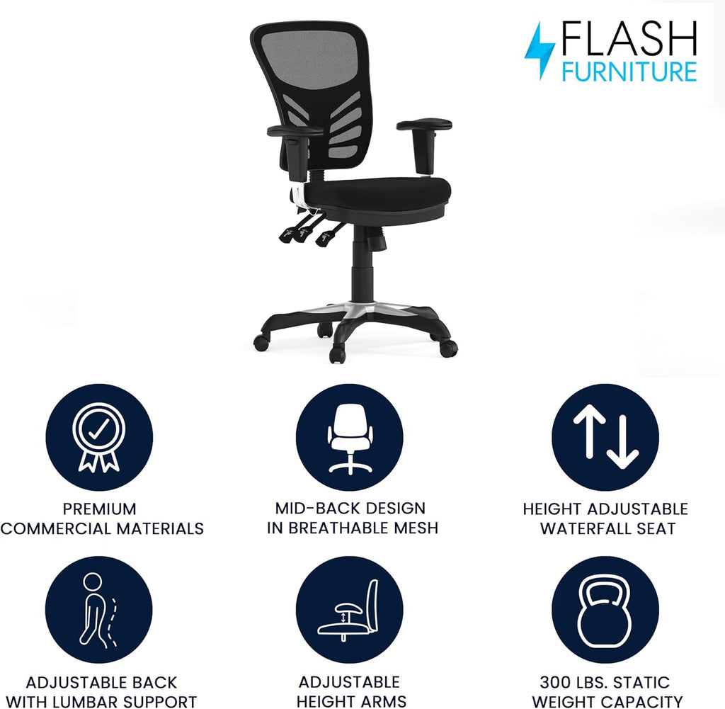 Flash Furniture Nicholas Mid-Back Swivel Desk Chair with Wheels, Mesh Back, Padded Seat, and Armrests, Adjustable Height Mesh Ergonomic Office Chair, Black