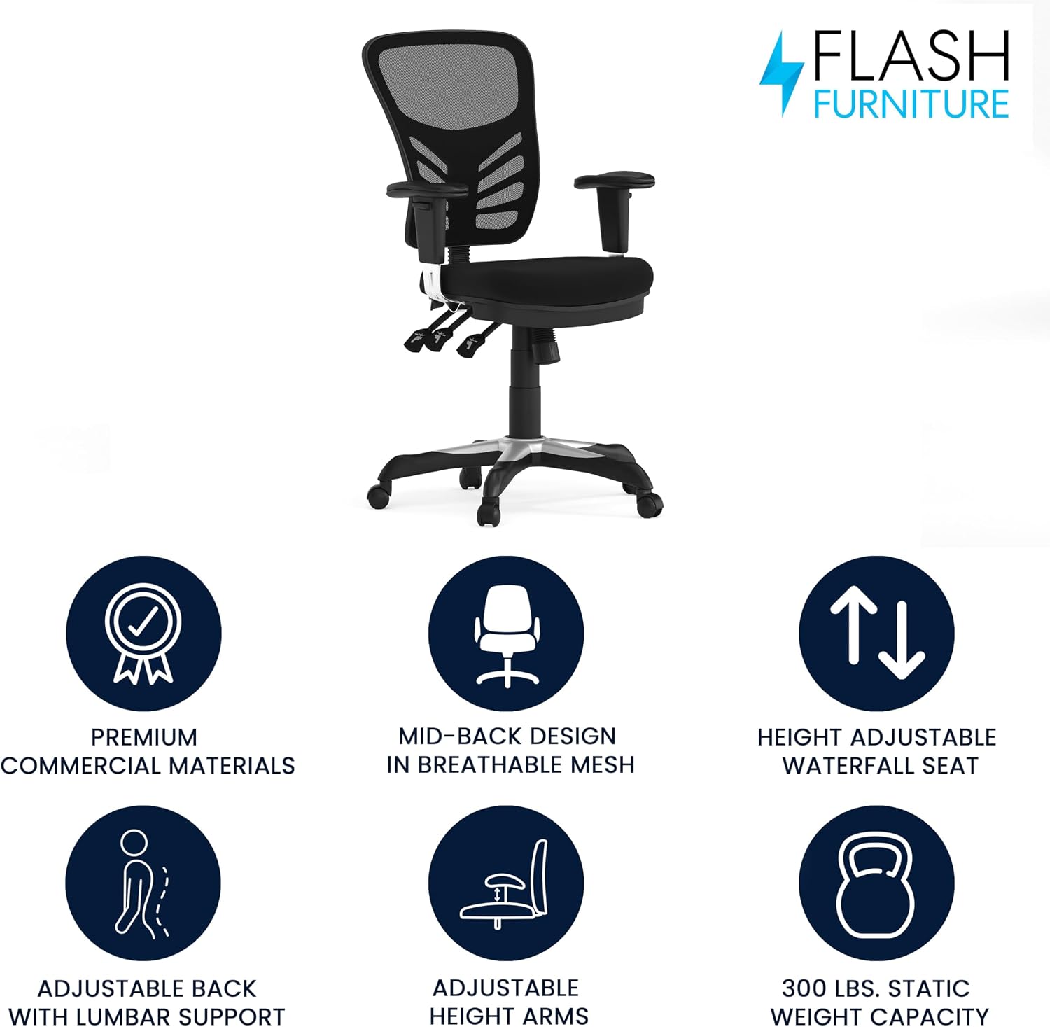 Flash Furniture Nicholas Mid-Back Swivel Desk Chair with Wheels, Mesh Back, Padded Seat, and Armrests, Adjustable Height Mesh Ergonomic Office Chair, Black