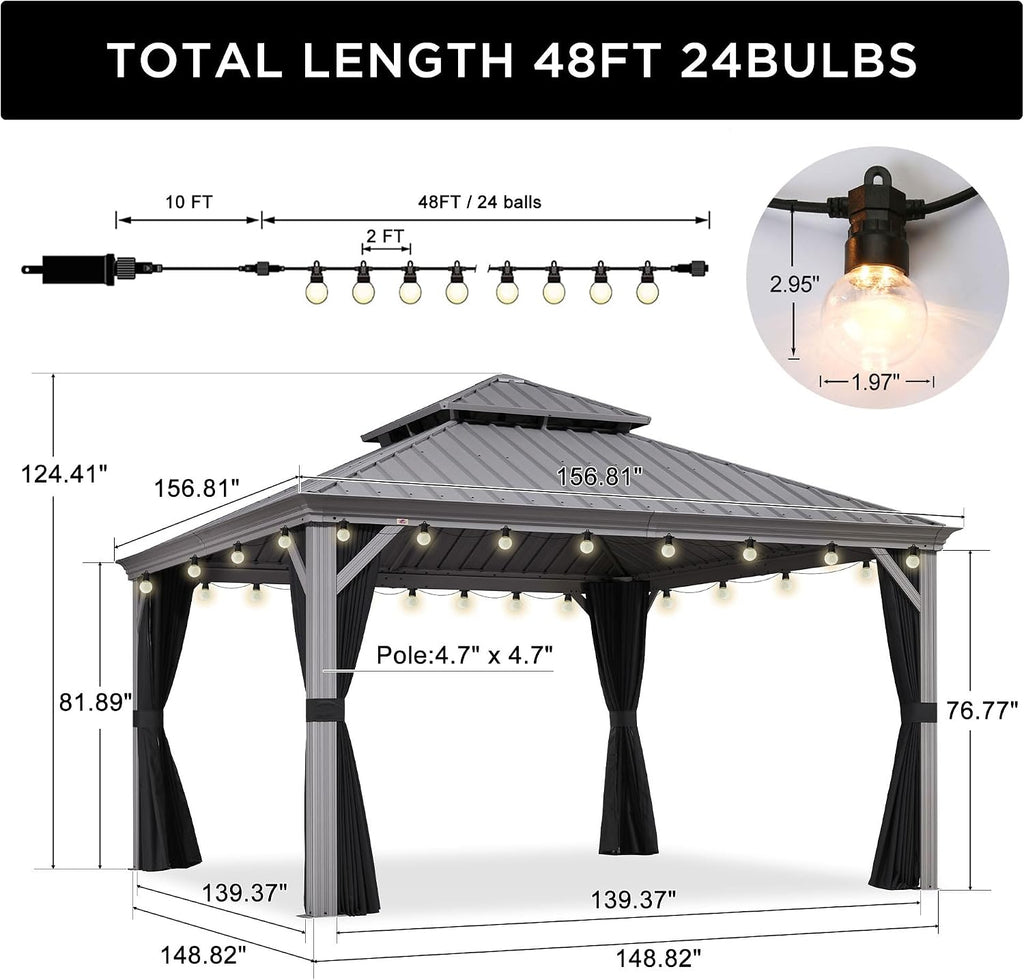PURPLE LEAF 13' X 13' Hardtop Aluminum Gazebo with Netting and Curtains Heavy Duty Permanent Gazebo with Double Metal Roof for Patio Deck Lawn Garden All Weather Outdoor Pavilion Gazebos, Light Grey