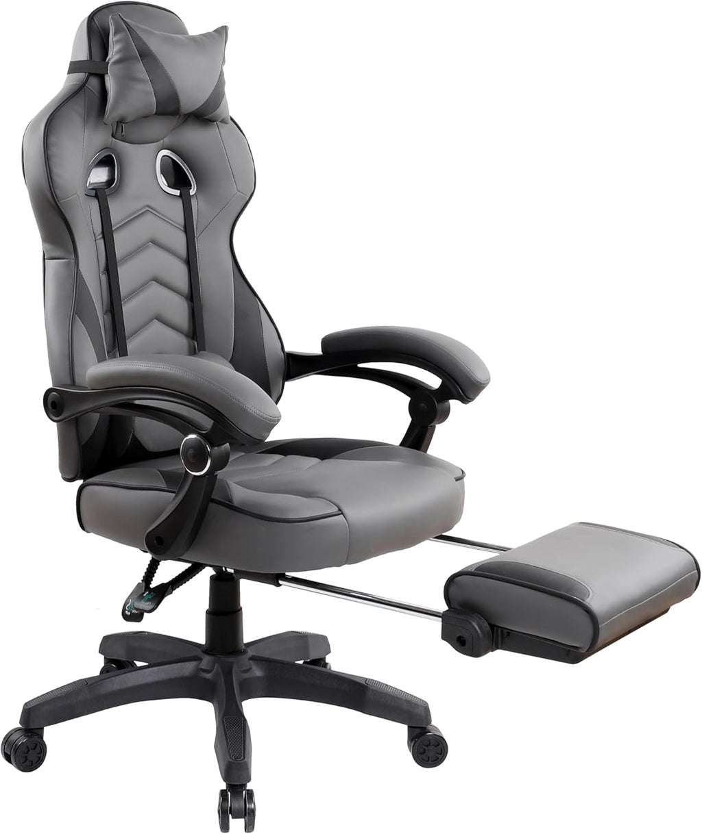 Executive Office or Gaming Chair with Footrest, Padded PU Leather Office Chair with 150-Degree Recline, Lumbar Support & Headrest Pillow, Grey