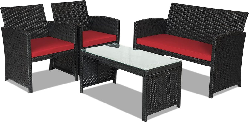 Goplus Rattan Patio Furniture Set 4 Pieces, Outdoor Wicker Conversation Sofa and Table Set with Soft Cushions & Tempered Glass Coffee Table for Balcony Garden Backyard (Red)