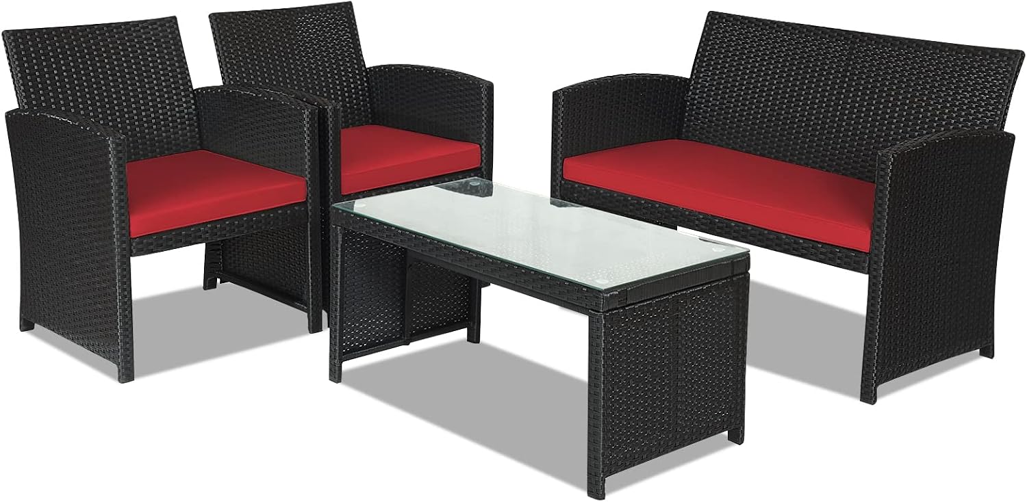 Goplus Rattan Patio Furniture Set 4 Pieces, Outdoor Wicker Conversation Sofa and Table Set with Soft Cushions & Tempered Glass Coffee Table for Balcony Garden Backyard (Red)