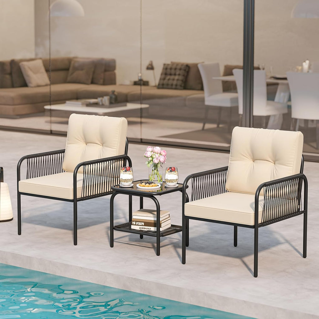 Tangkula 3 Pieces Patio Bistro Set, PE Rattan Furniture Set with Tempered Glass Table, Chairs, Back and Seat Cushions, Outdoor Wicker Conversation Set for Porch, Backyard, Garden and Poolside