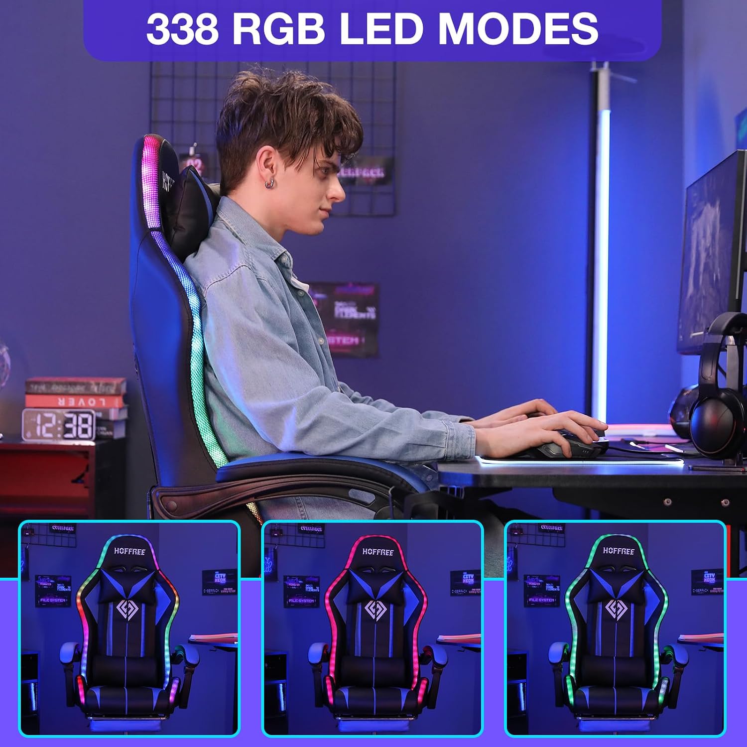 RGB Gaming Chair Massage with LED Lights and Ergonomic Computer Gaming Chair with Footrest High Back Video Game Chairs with Adjustable Lumbar Support Blue and Black