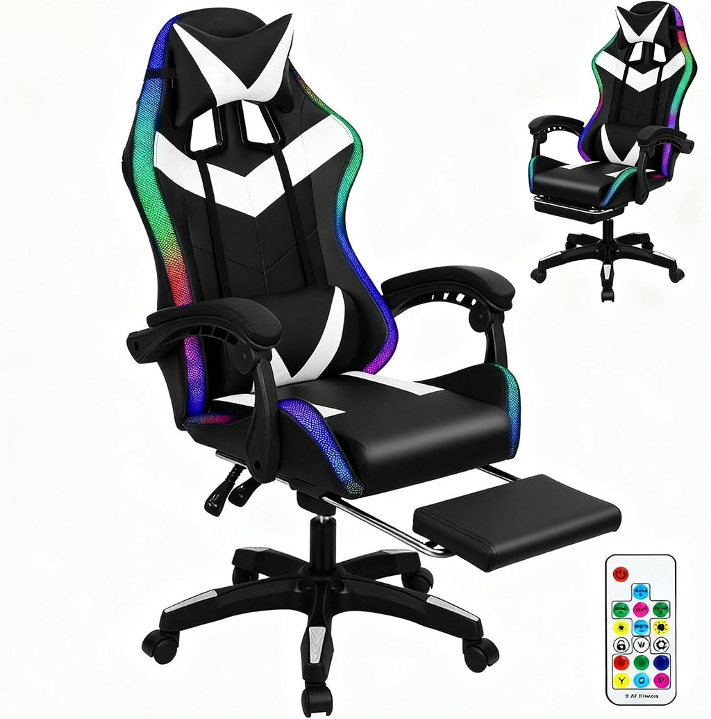 Gaming Chair with Bluetooth Speakers ＆ LED Lights, Ergonomic Massage Computer Chair Height Adjustable, Video Game Chair with 360° Swivel Seat and Headrest, 397LBS Load