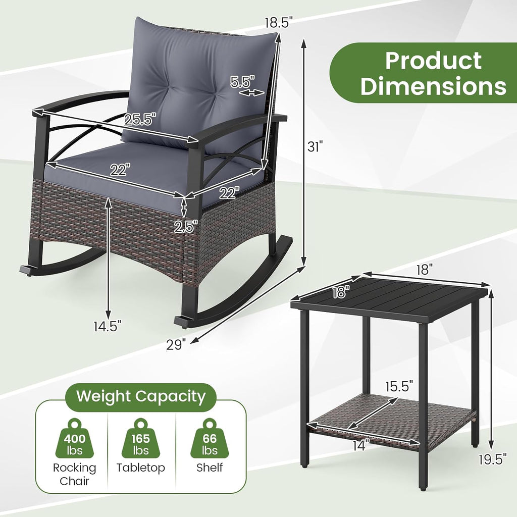 Tangkula 3 Pieces Outdoor Rocking Chairs Set, Rattan Heavy Duty Cushioned Rocker Chairs with 2-Tier Tempered Glass Coffee Table, for Garden, Balcony, Backyard (Gray)