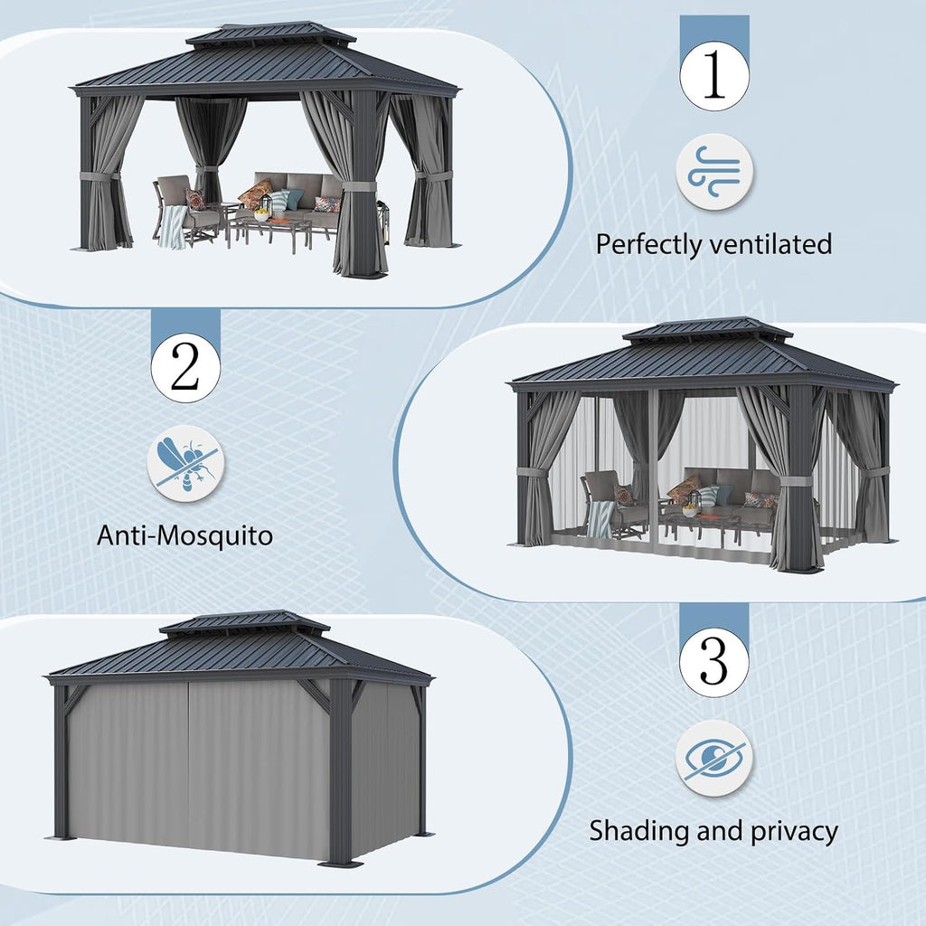 Aoxun 10' x 14' Permanent Hardtop Gazebo with Galvanized Steel Double Roof and Aluminum Frames Outdoor Large Pavilion Gazebo for Patio Deck Garden, Nettings and Curtains Included, Gray