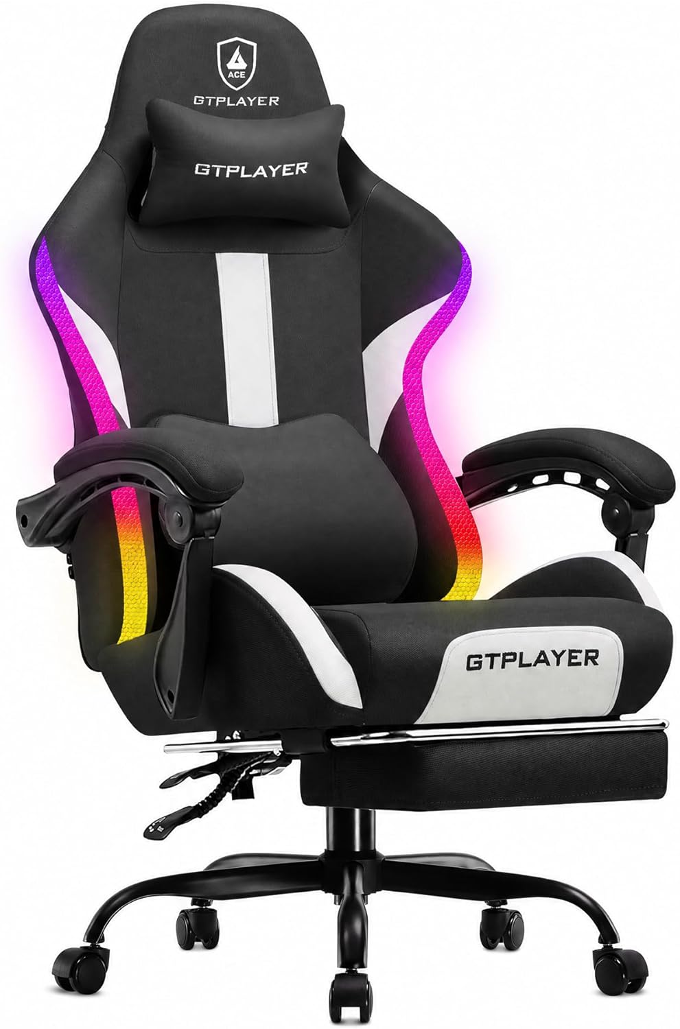 GTPLAYER RGB Gaming Chair with Footrest, LED Lights, Ergonomic Computer Chair with Linkage Armrest, Breathable Fabric for Home Office Desk - Video Game Chairs for Adults, Warm Red
