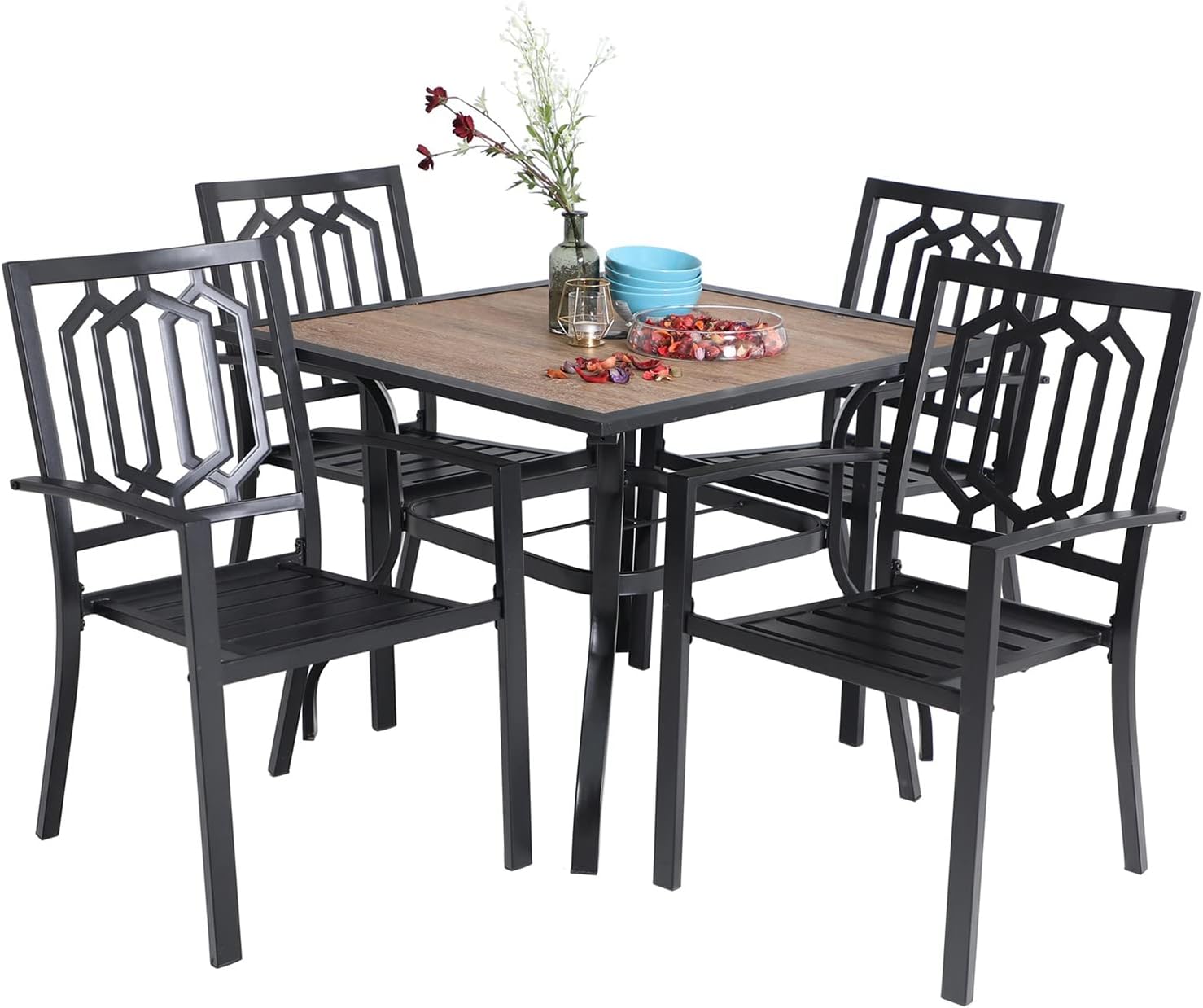 MFSTUDIO Outdoor Dining Set for 4, Patio Table and Chairs Set with Metal Frame, 5 Piece Patio Dining Set for Deck/Backyard/Poolside/Garden