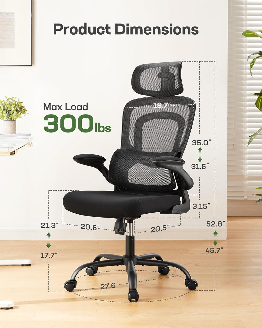 Marsail Office Chair Ergonomic-Desk Chair: High Back Mesh Office Chair with Lumbar Support,Flip-Up Armrests&2D Headrest,Gaming Chair with Rocking Tilt, Swivel Computer Task Chair for Long Hours