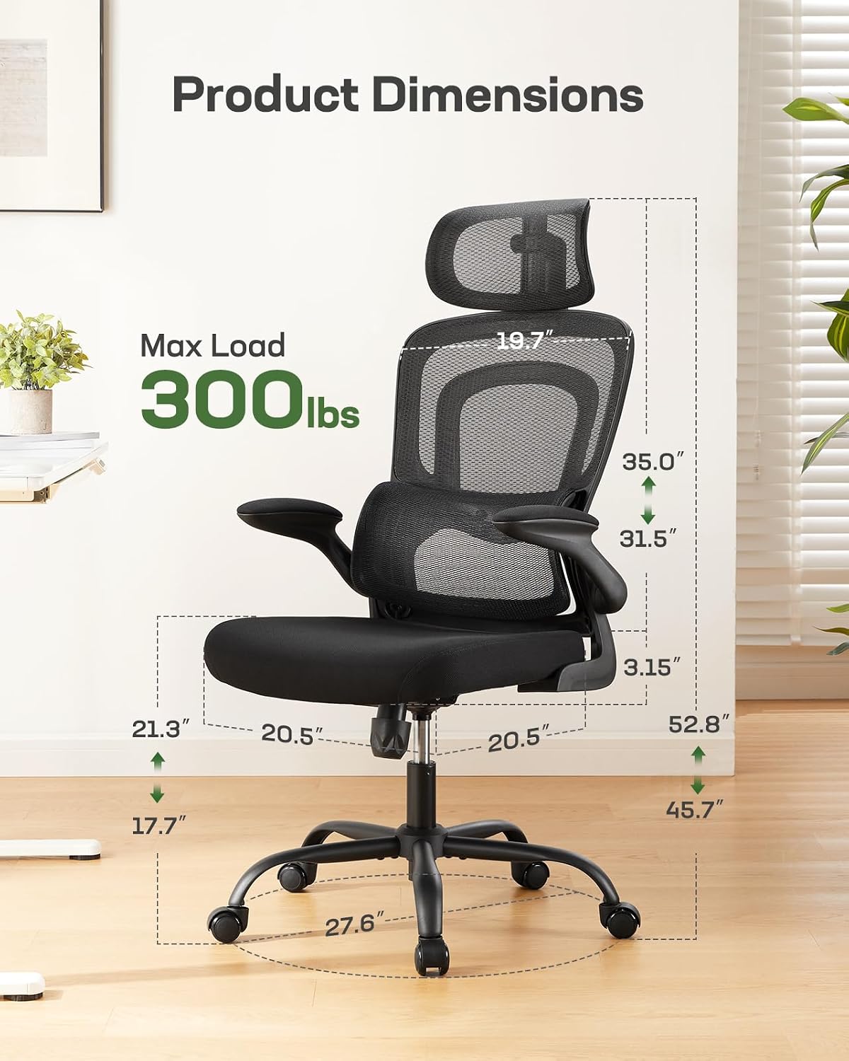 Marsail Office Chair Ergonomic-Desk Chair: High Back Mesh Office Chair with Lumbar Support,Flip-Up Armrests&2D Headrest,Gaming Chair with Rocking Tilt, Swivel Computer Task Chair for Long Hours