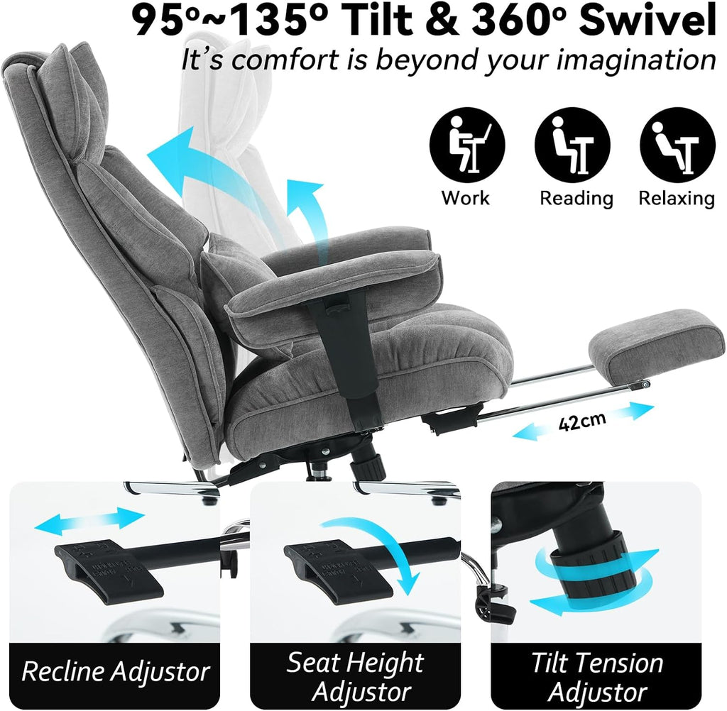 Efomao Executive Office Chair, Soft-Cushioned Computer Chair with Foot Rest, Fabric Home Office Desk Chairs, Big and Tall Office Chairs, Grey