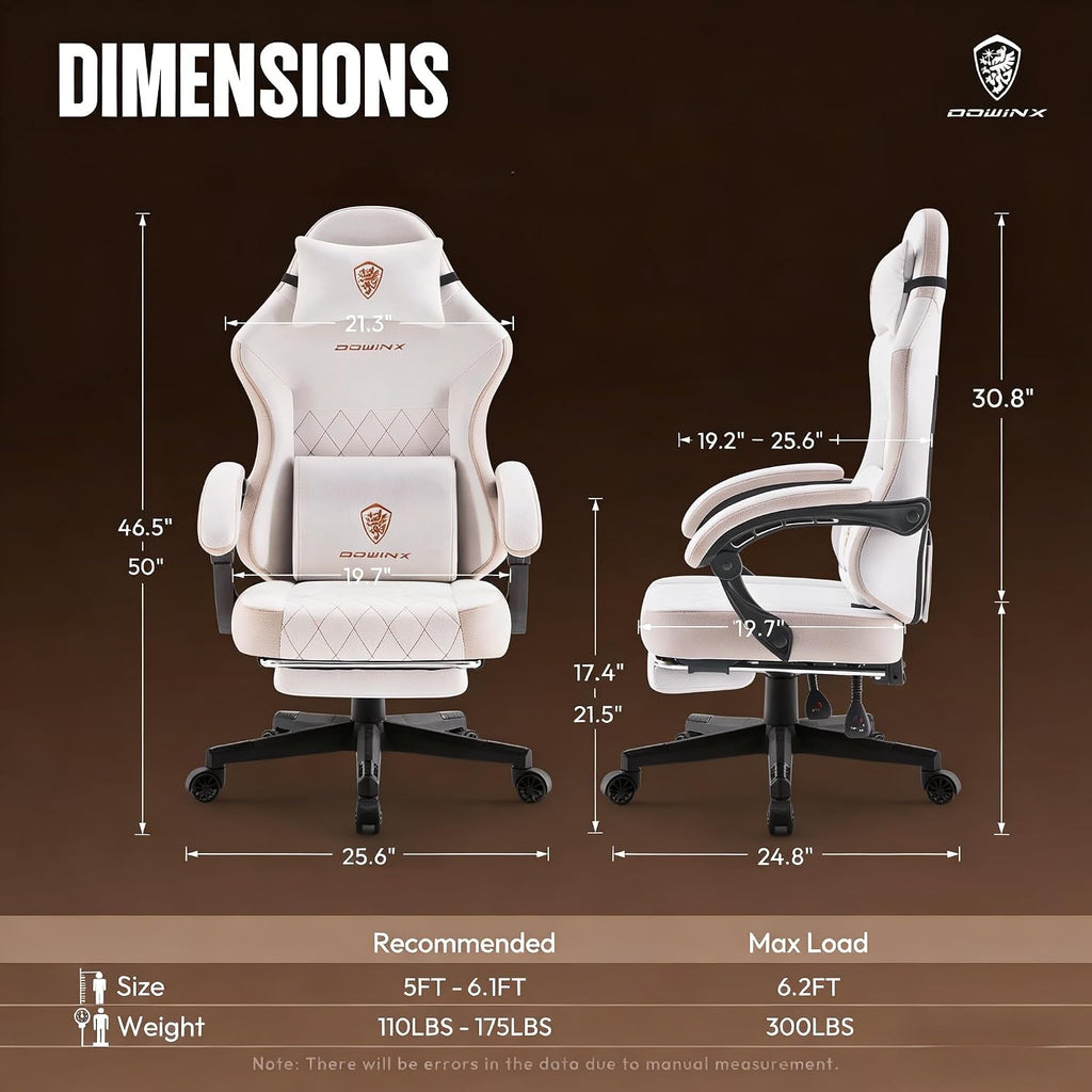 Dowinx Gaming Chair with Pocket Spring Cushion, Massage Lumbar Pillow & Footrest, Wide Seat with Padded Armrests, Breathable Fabric, Reclining Computer Chair for Home Office-Beige