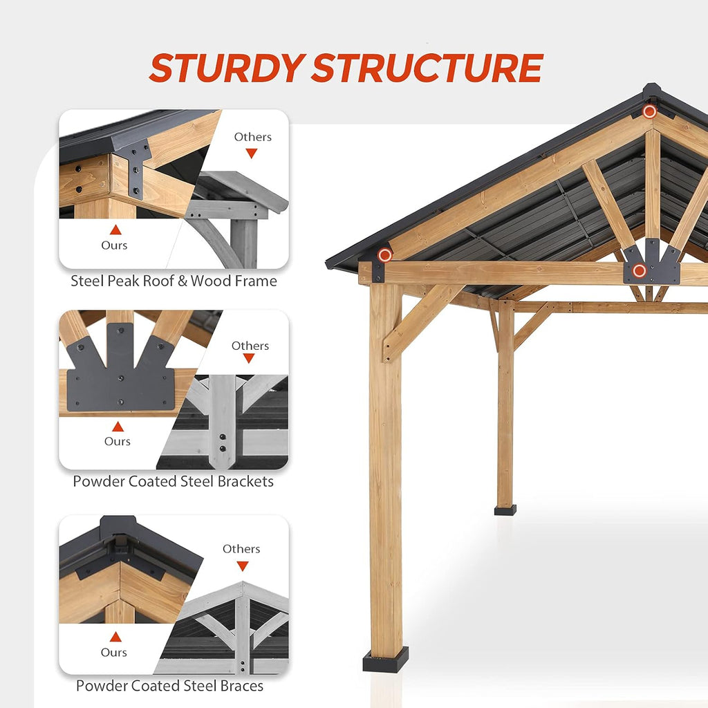 EAGLE PEAK 11x13 Hardtop Gazebo, Exposed Beam A-Frame Gazebo, Galvanized Steel Gable Roof with Cedar Wood Frame, Outdoor Pavilion for Patio, Deck, Lawn and Garden, Natural Wood/Black