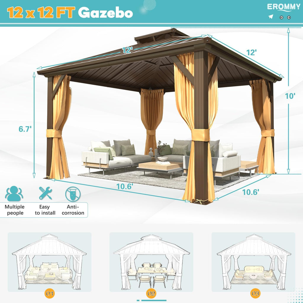 EROMMY 12'x12' Gazebo Hardtop, Galvanized Steel Double Roof Metal Gazebo with Aluminum Frame, Permanent Outdoor Pavilion with Curtain and Netting for Patio, Lawn and Garden, Brown