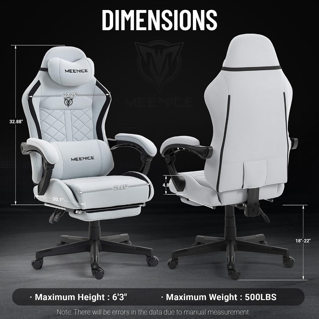 Big and Tall Gaming Chair Fabric with Pocket Spring Cushion, High Back Heavy Duty Gaming Chairs for Adults with Massage Lumbar Support, Ergonomic Computer Chair with Footrest for 400LBS Gray