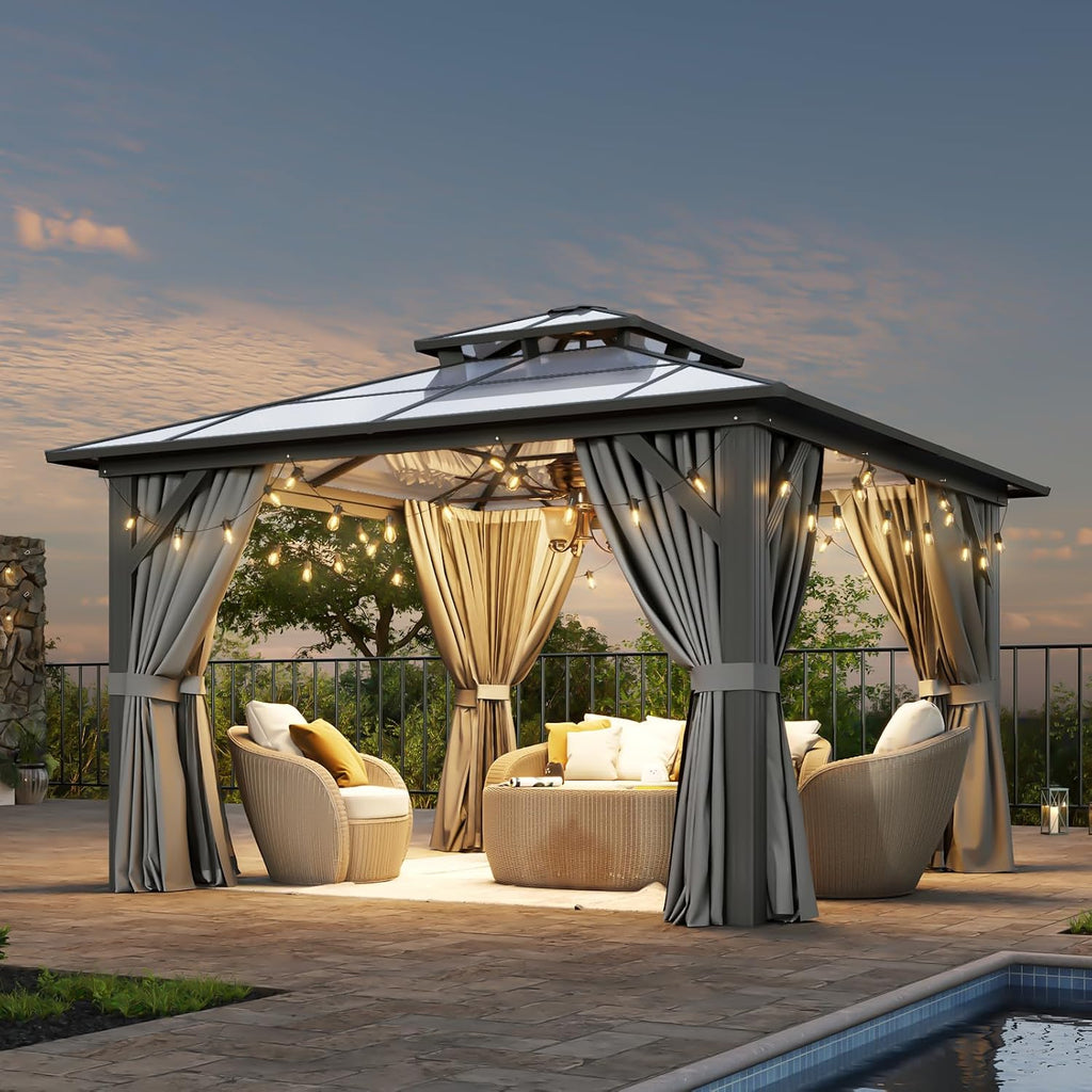 Aoxun 12'x12' Hardtop Gazebo,Permanent Aluminum-Framed Pavilion with Curtains & Mesh Screens, Featuring a Double-Layered Polycarbonate Roof, Ideal for Patios, Lawns, & Gardens, Gray