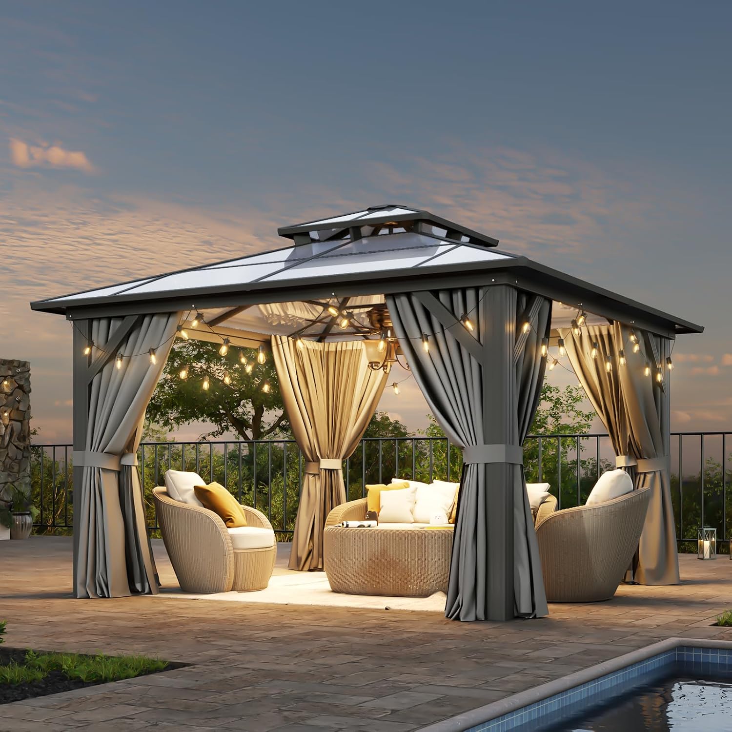 Aoxun 12'x12' Hardtop Gazebo,Permanent Aluminum-Framed Pavilion with Curtains & Mesh Screens, Featuring a Double-Layered Polycarbonate Roof, Ideal for Patios, Lawns, & Gardens, Gray