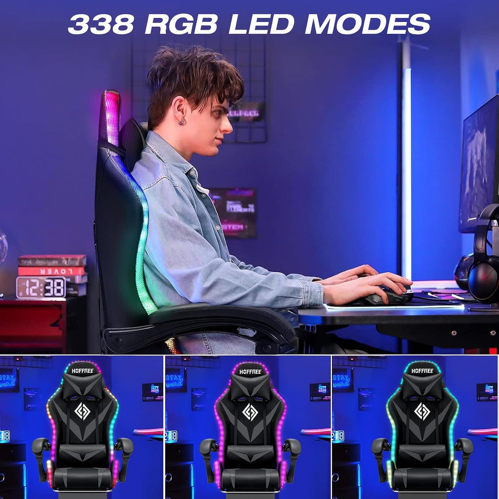 RGB Gaming Chair with Massage and LED Lights Ergonomic Video Game Chairs with Footrest High Back Reclining Computer Chair with Adjustable Lumbar Support Grey and Black