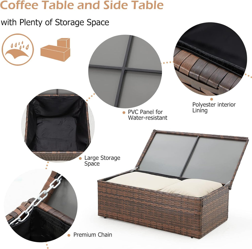 AECOJOY 7 PCS Patio Furniture Set with Two Storage Boxes&Patio Set Cover, Outdoor Rattan Conversation Set, PE Wicker Sectional Sofa Outdoor Furniture, Brown Rattan&Beige Cushions