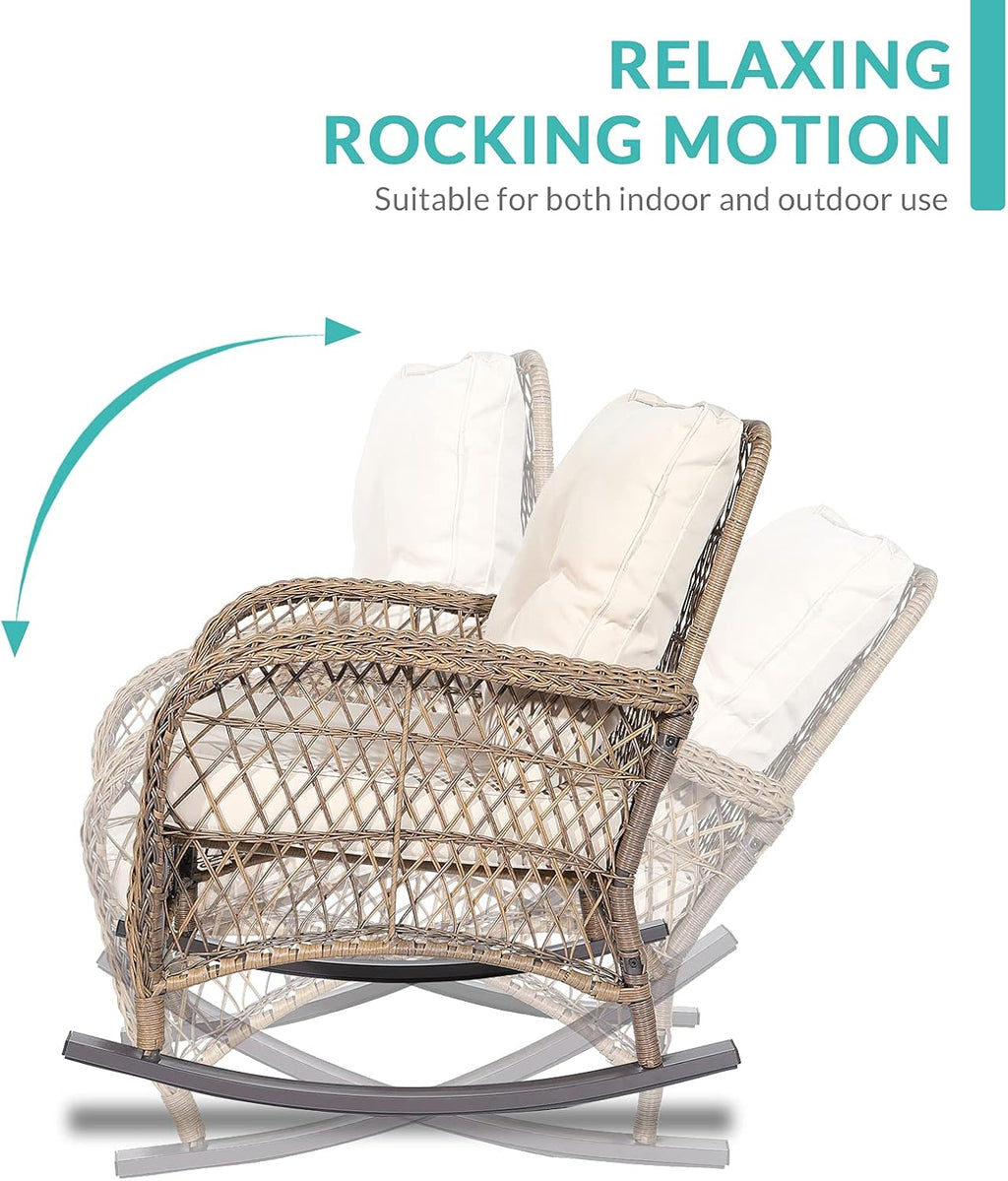 MEETWARM 4 Pieces Outdoor Wicker Patio Conversation Sets with Glider Loveseat, 2 Chairs with Glass-Top Coffee Table Rocking Chair Set, Wicker Conversation Set with Thickened Cushions