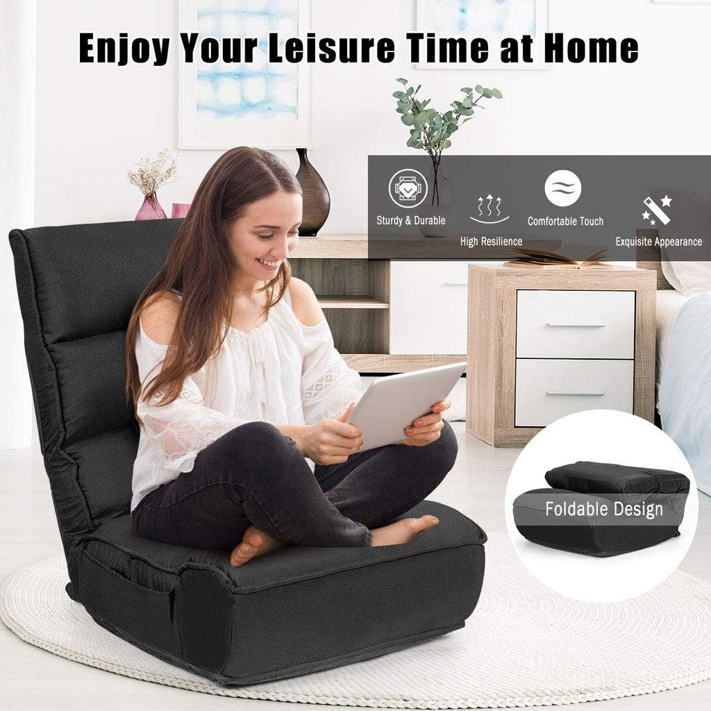 Giantex Gaming Chair Floor, Floor Chairs for Adults with 4-Position Adjustable Back, 6-Position Adjustable Headrest, Side Pocket, No Assembly Required, Banana Chair, Folding Floor Gaming Chair, Black