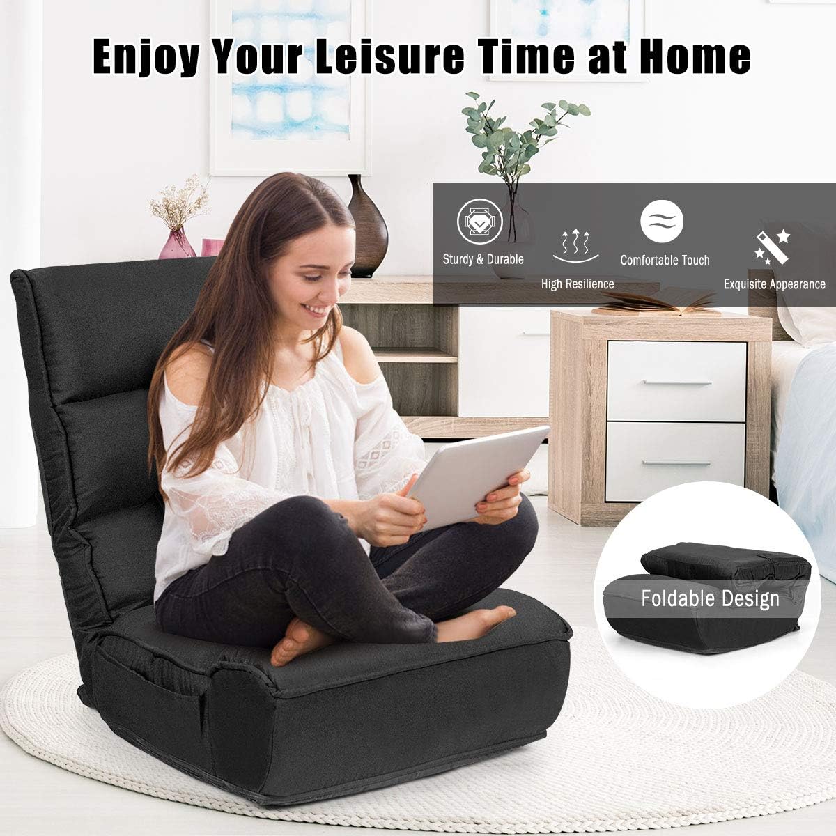 Giantex Gaming Chair Floor, Floor Chairs for Adults with 4-Position Adjustable Back, 6-Position Adjustable Headrest, Side Pocket, No Assembly Required, Banana Chair, Folding Floor Gaming Chair, Black
