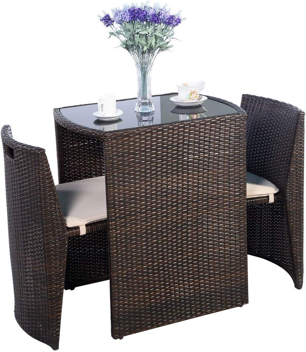 Giantex 3 PCS Cushioned Outdoor Wicker Patio Set Convention Bistro Set Garden Lawn Space Saving Conversation Sofa Furniture No Assembly (Brown)