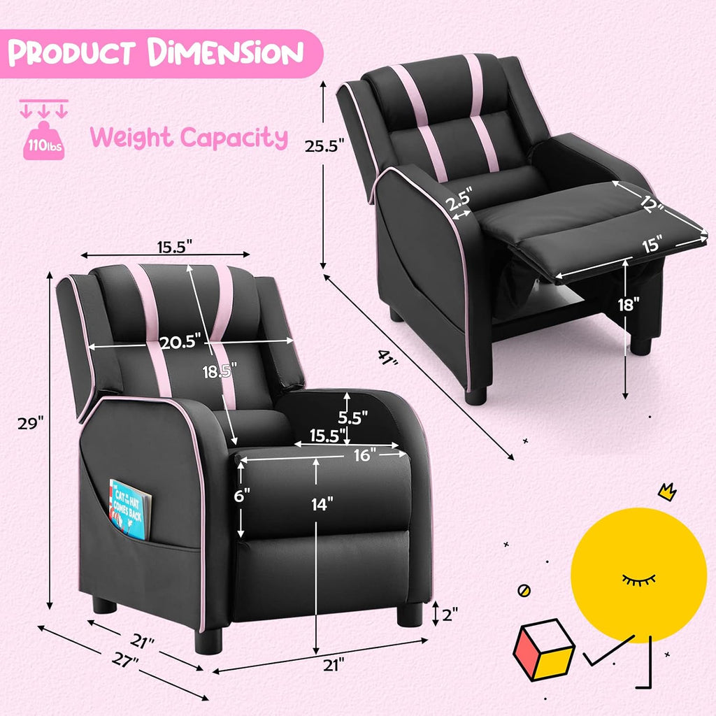 Costzon Kids Recliner, Gaming Recliner Chair w/Side Pockets, Footrest, Headrest & Lumbar Support for Kids Room & Play Room, Adjustable Racing Style Leather Sofa for Children Boys Girls (Pink, Black)