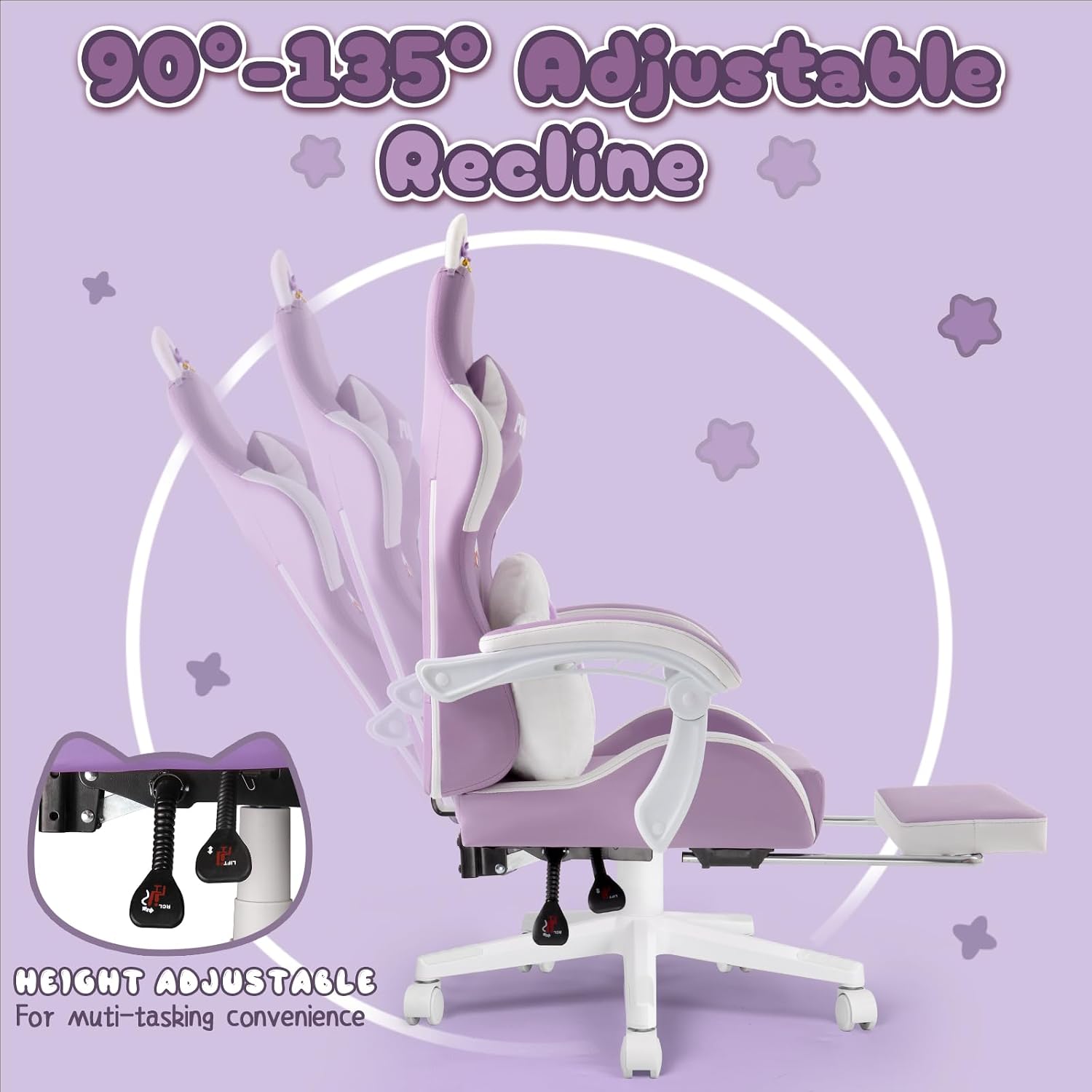 PUKAMI Gaming Chair with Cat Ears,Cute Computer Chair for Girl with Footrest,Ergonomic Gamer Chair, Kawaii Gaming Chair, Game Chair (Purple)
