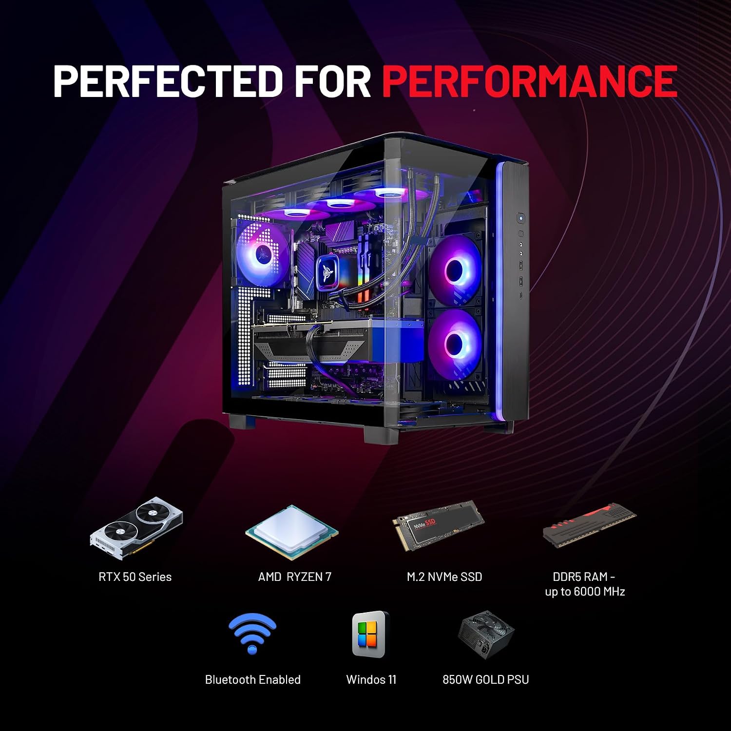 Skytech King 95 Gaming PC Desktop, Ryzen 7 9700X 3.8 GHz (5.5GHz Turbo Boost), NVIDIA RTX 5070 12GB GDDR7, 1TB Gen4 SSD, 32GB DDR5 RAM 6000 RGB, 850W Gold PSU, 360mm ARGB AIO, Wi-Fi, Win 11 Home