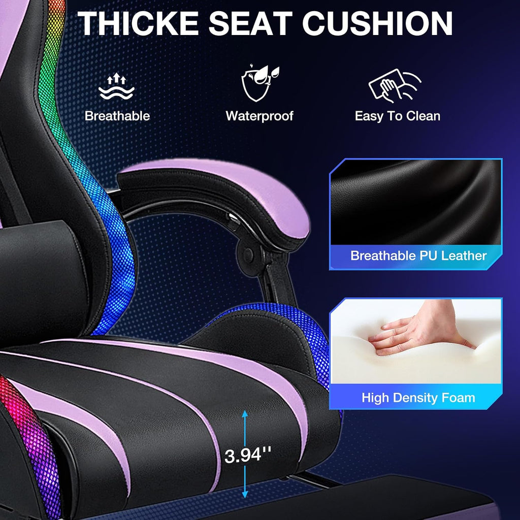 RGB Gaming Chair Massage with LED Lights Ergonomic Computer Gaming Chair with Footrest High Back Video Game Chairs with Adjustable Lumbar Support Purple and Black