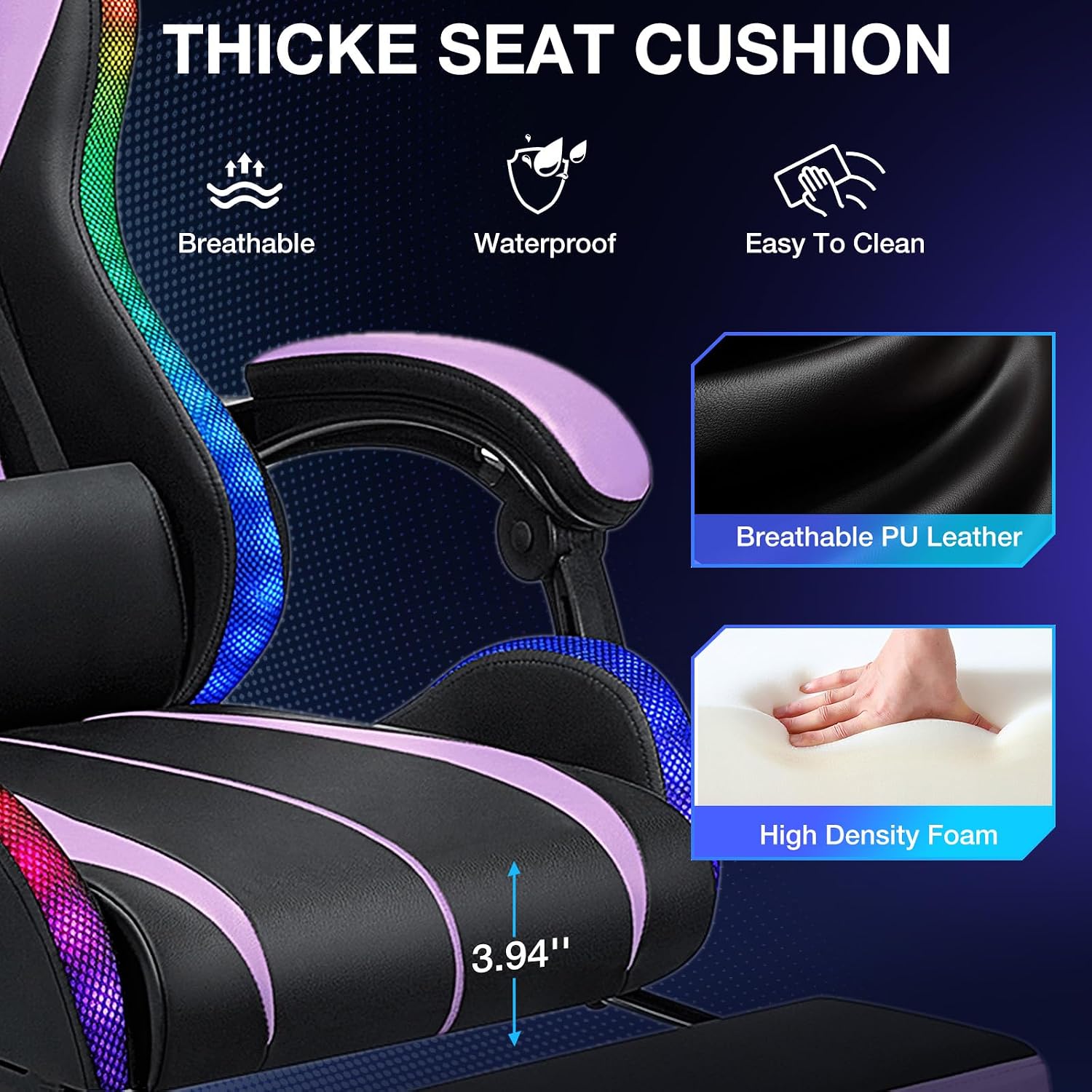 RGB Gaming Chair Massage with LED Lights Ergonomic Computer Gaming Chair with Footrest High Back Video Game Chairs with Adjustable Lumbar Support Purple and Black