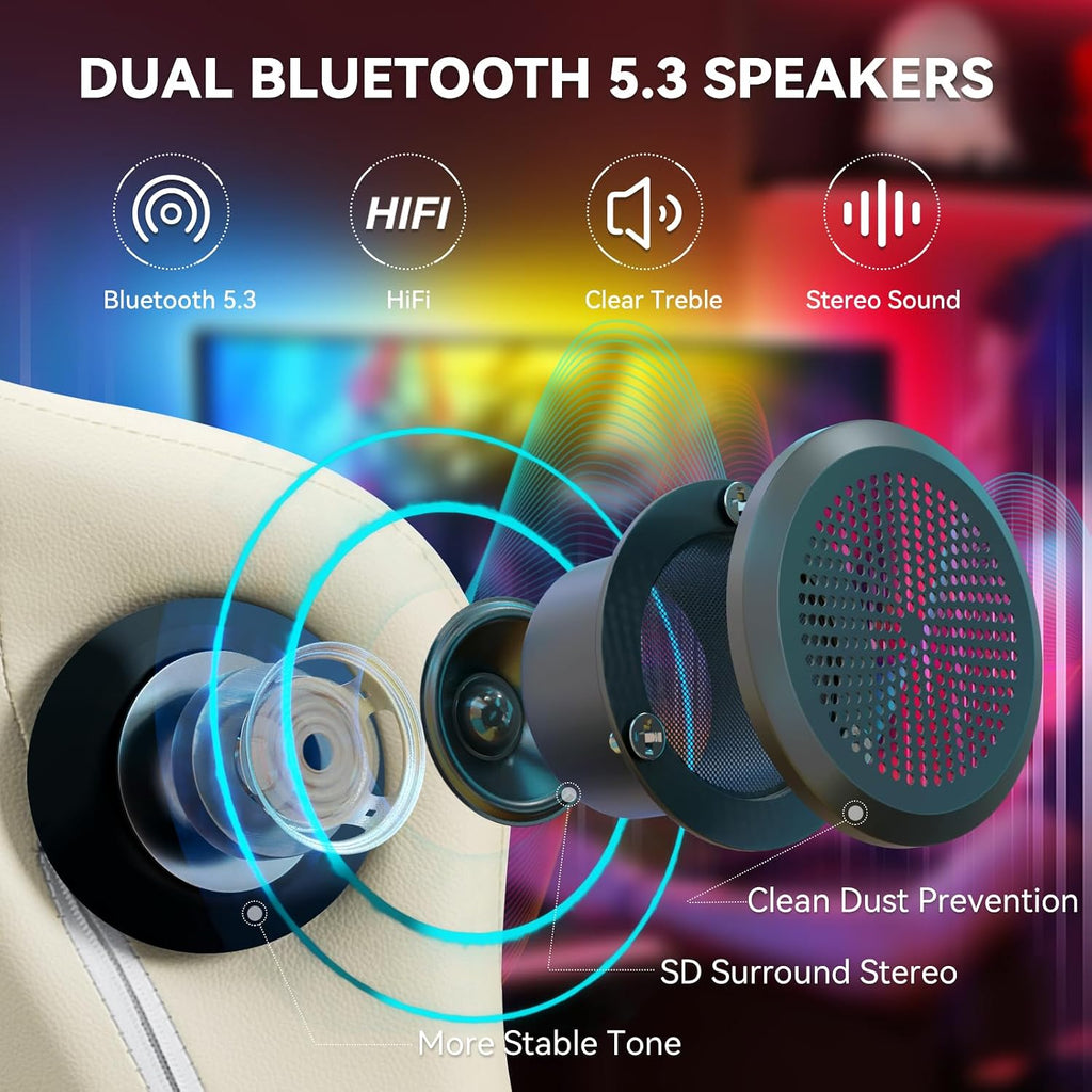 HOFFREE Gaming Chair with Speakers Massage Computer Gaming Chair with Pocket Spring Cushion for Adults Reclining Gamer Chair with Bluetooth Video Game Chairs with Footrest Ivory