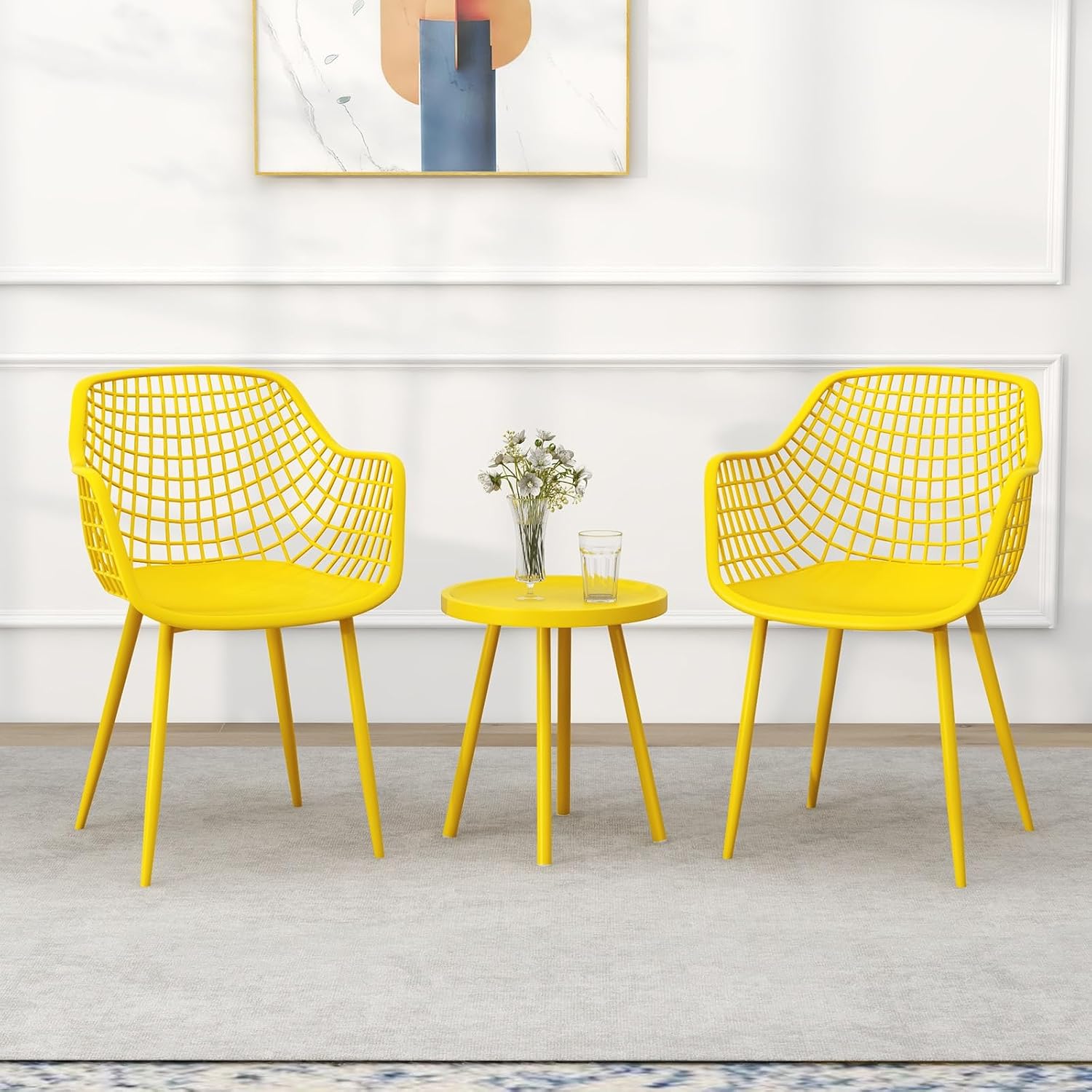 Giantex 3 Piece Patio Furniture Set, Outdoor Bistro Table and Chairs Set of 2, PP Seat & Metal Legs, Small Conversation Set for Balcony Front Porch Deck Backyard Lawn (Lemon Yellow)