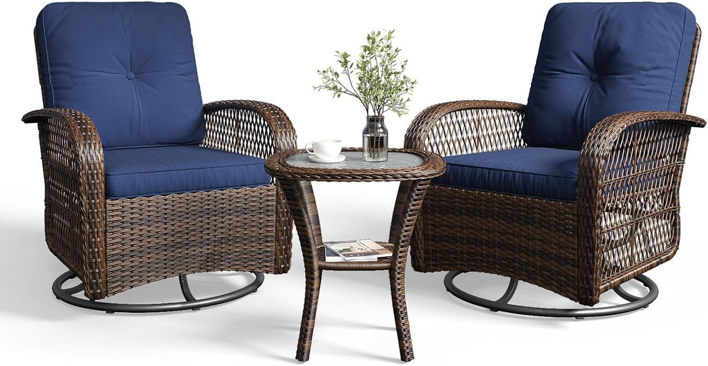 Aoxun 3 Pieces Patio Furniture Set, Patio Swivel Rocker Chairs Set of 2, Wicker Outdoor Bistro Set with Rocking Chair, Thickened Cushions and Table for Porch (Blue)