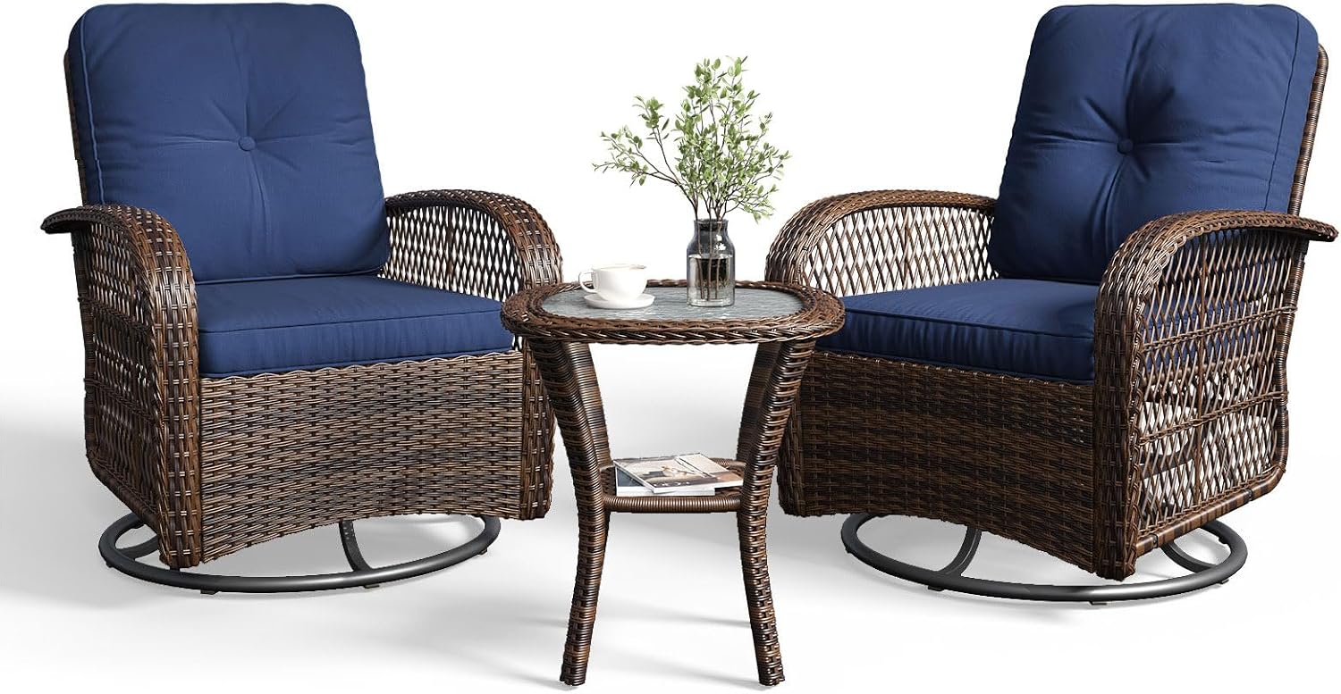 Aoxun 3 Pieces Patio Furniture Set, Patio Swivel Rocker Chairs Set of 2, Wicker Outdoor Bistro Set with Rocking Chair, Thickened Cushions and Table for Porch (Blue)