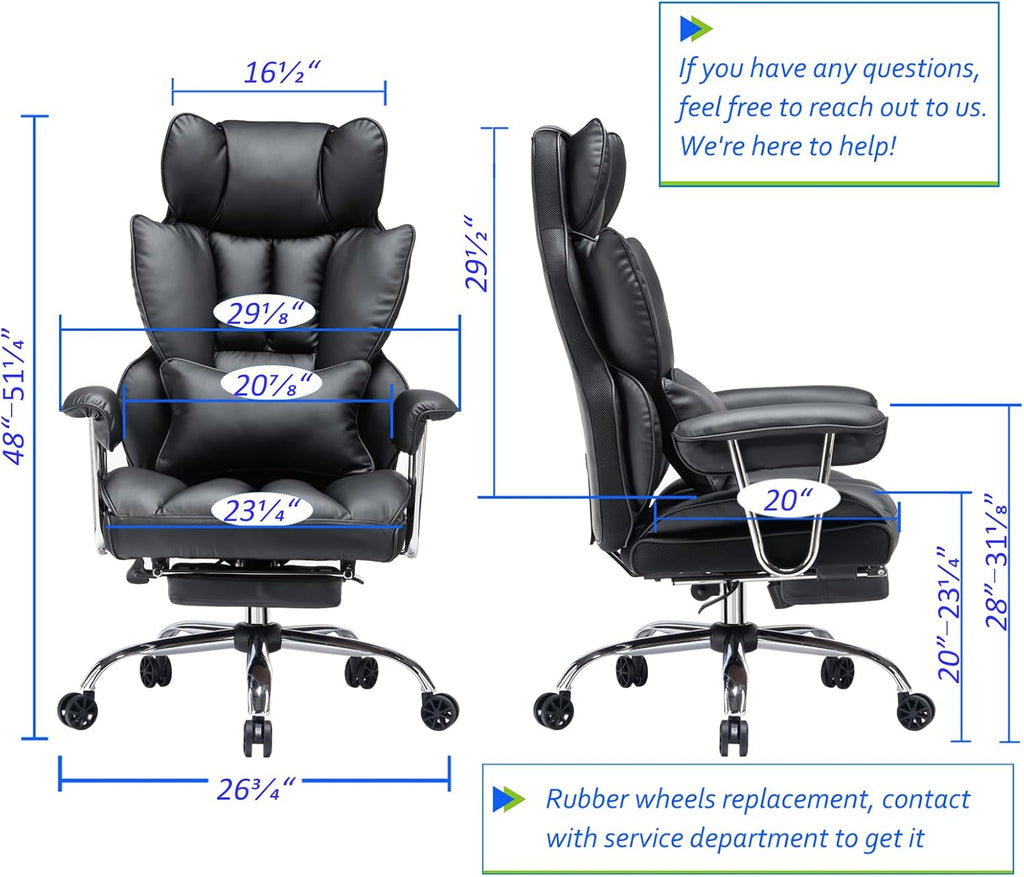 Efomao Big and Tall Office Chair with Foot Rest 400LBS, PU Leather Computer Chair, Heavy Duty Executive Office Chair with Lumbar Support, Black Home Office Chairs