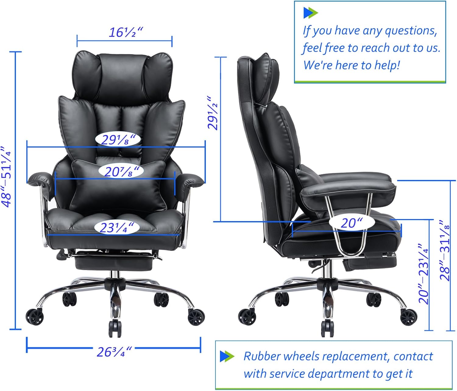Efomao Big and Tall Office Chair with Foot Rest 400LBS, PU Leather Computer Chair, Heavy Duty Executive Office Chair with Lumbar Support, Black Home Office Chairs