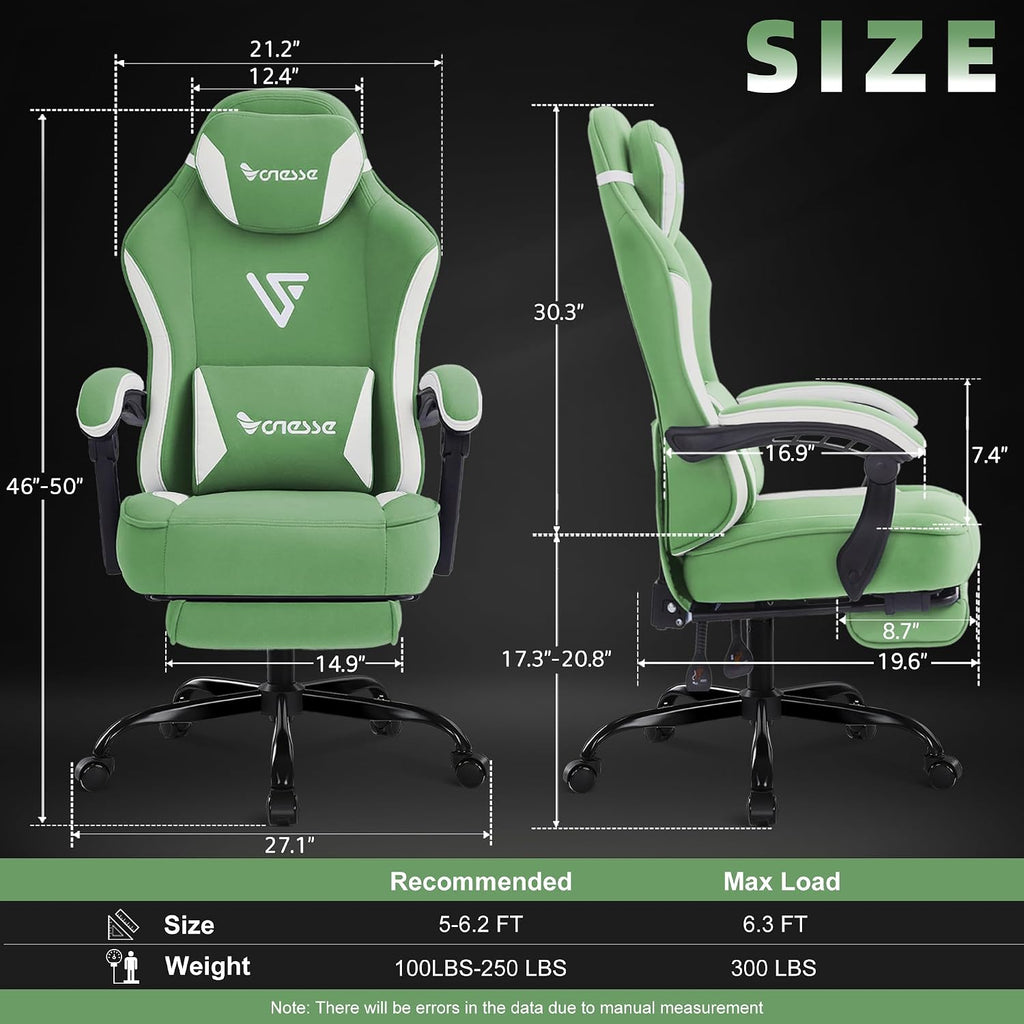 Vonesse Gaming Chair, Computer Chair Fabric with Pocket Spring Cushion, Office Chair with Footrest and Massage Lumbar Support, Reclining Gaming Chairs for Adults 250LBS (Green)