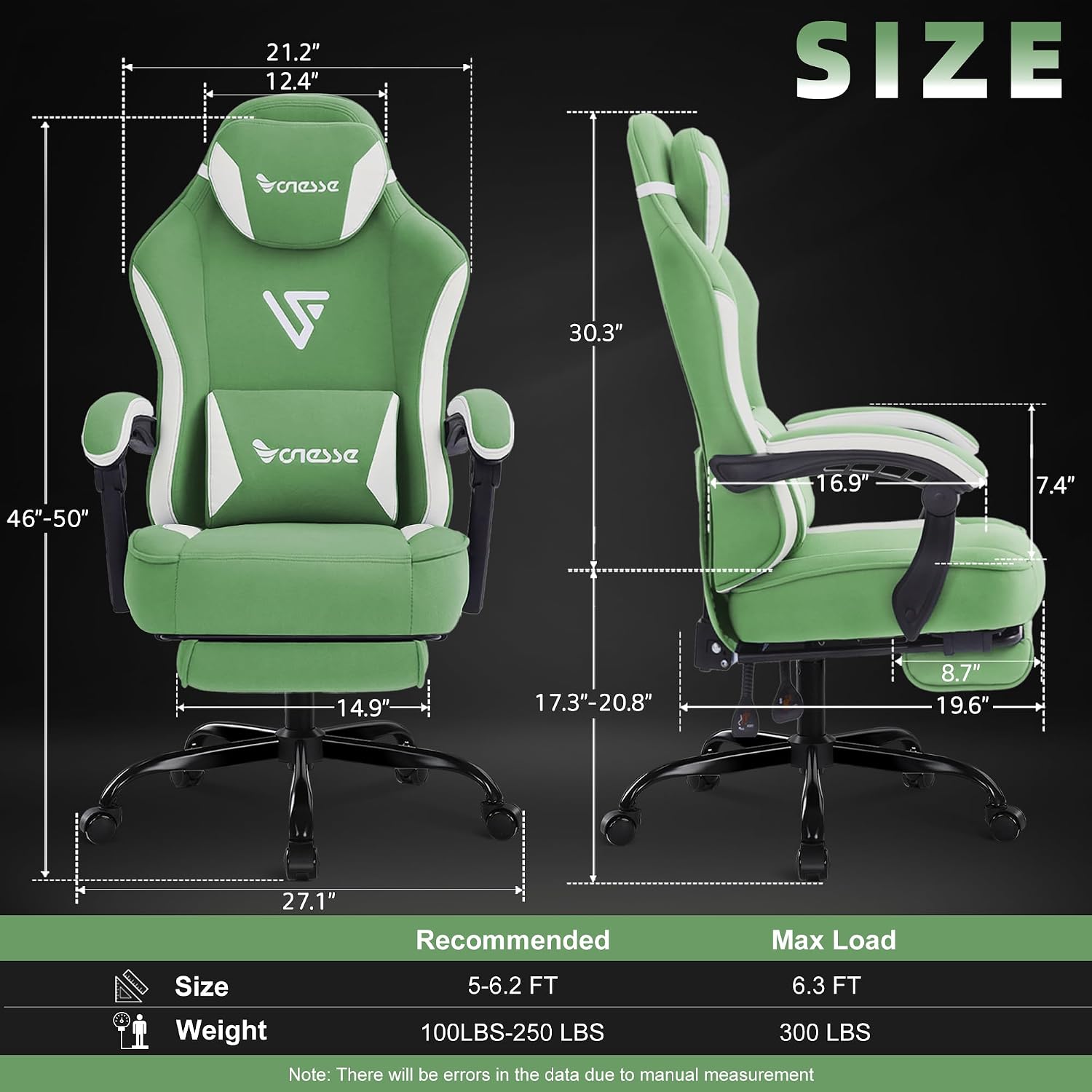 Vonesse Gaming Chair, Computer Chair Fabric with Pocket Spring Cushion, Office Chair with Footrest and Massage Lumbar Support, Reclining Gaming Chairs for Adults 250LBS (Green)