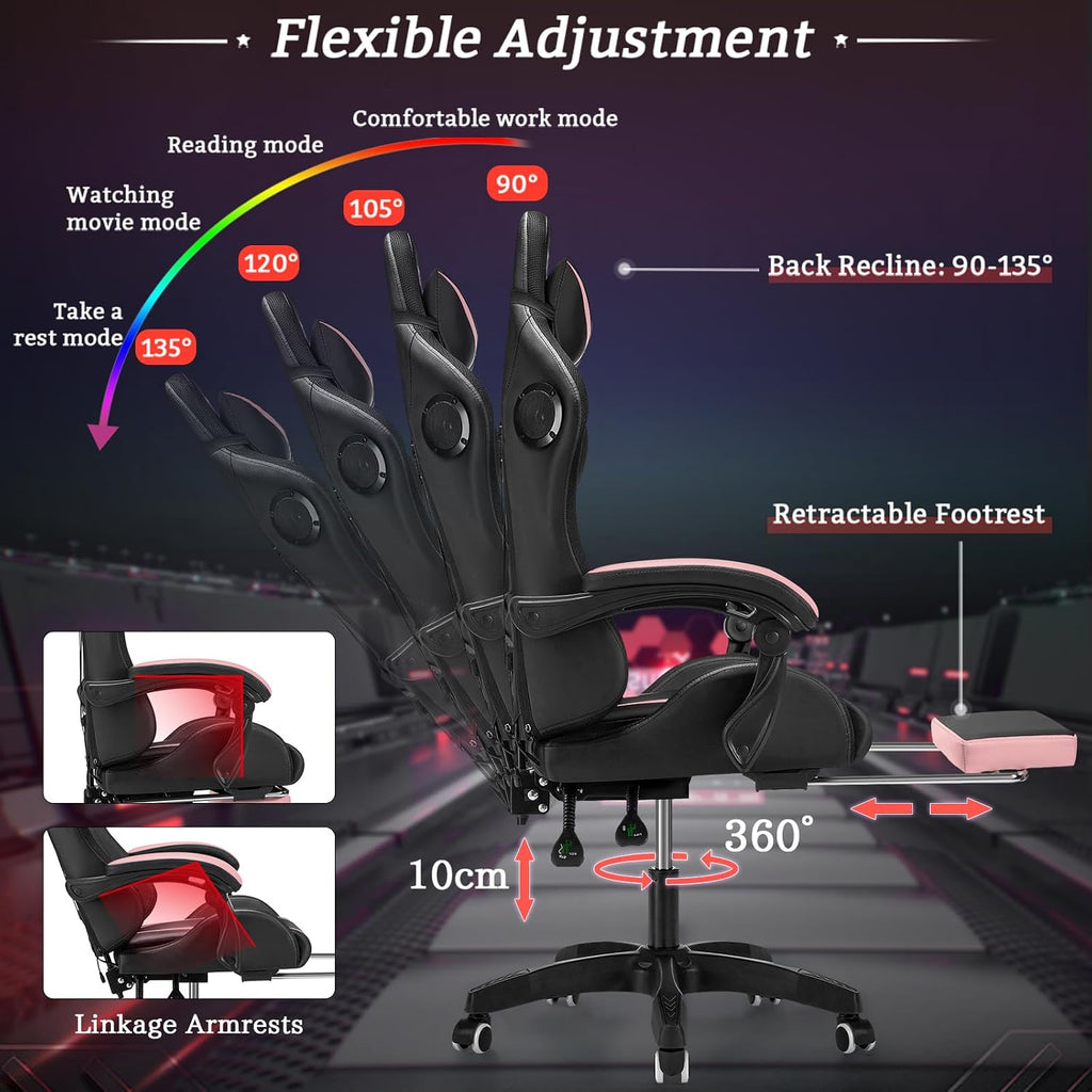 Gaming Chair with Bluetooth Speakers and RGB LED Lights Ergonomic Massage Video Game Chair with Footrest for Girls High Back with Lumbar Support Black Pink