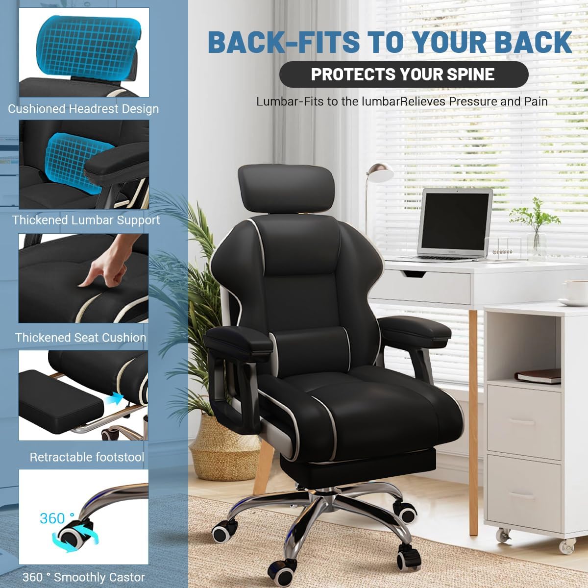 Executive Computer Chair Home Office Desk Chair,Adjustable Angle, Ergonomic Adjustable Height PU Leather Chairs with Cushions Armrest for Long Time Seating-High Office Chair with Footrest