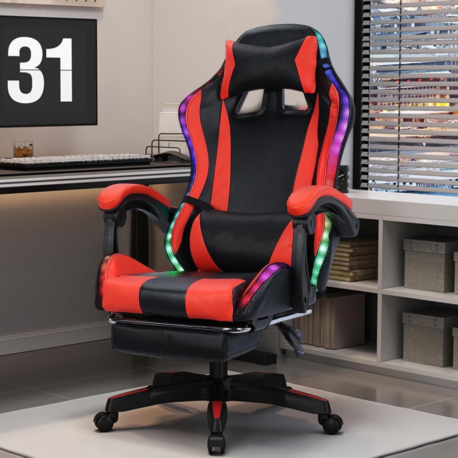 Gaming Chair with Bluetooth Speakers ＆ LED Lights, Ergonomic Massage Computer Chair Height Adjustable, Video Game Chair with 360° Swivel Seat and Headrest, High Back Lumbar Support Design