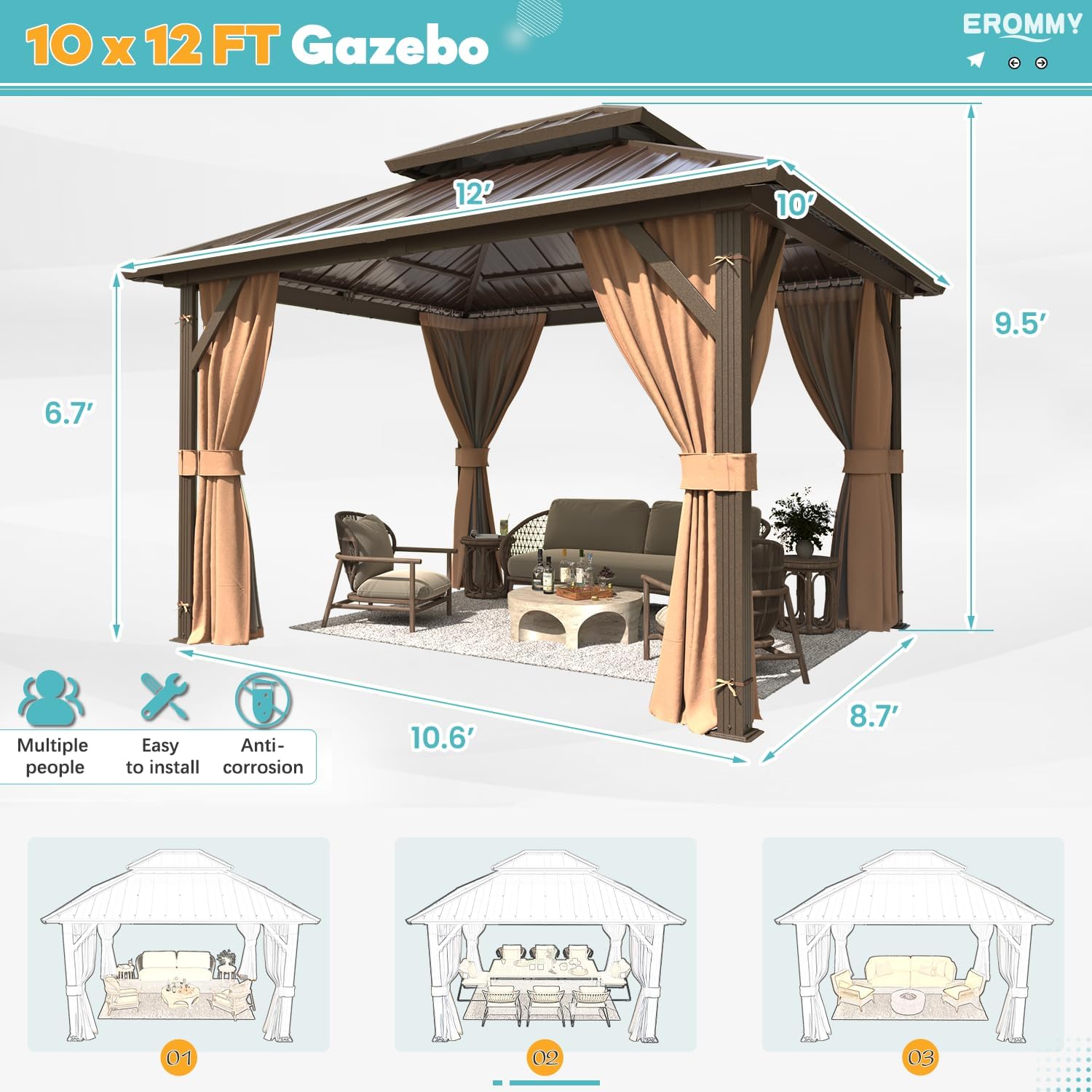 EROMMY 10'x12' Gazebo Hardtop, Galvanized Steel Double Roof Metal Gazebo with Aluminum Frame, Permanent Outdoor Pavilion with Curtain and Netting for Patio, Lawn and Garden, Brown