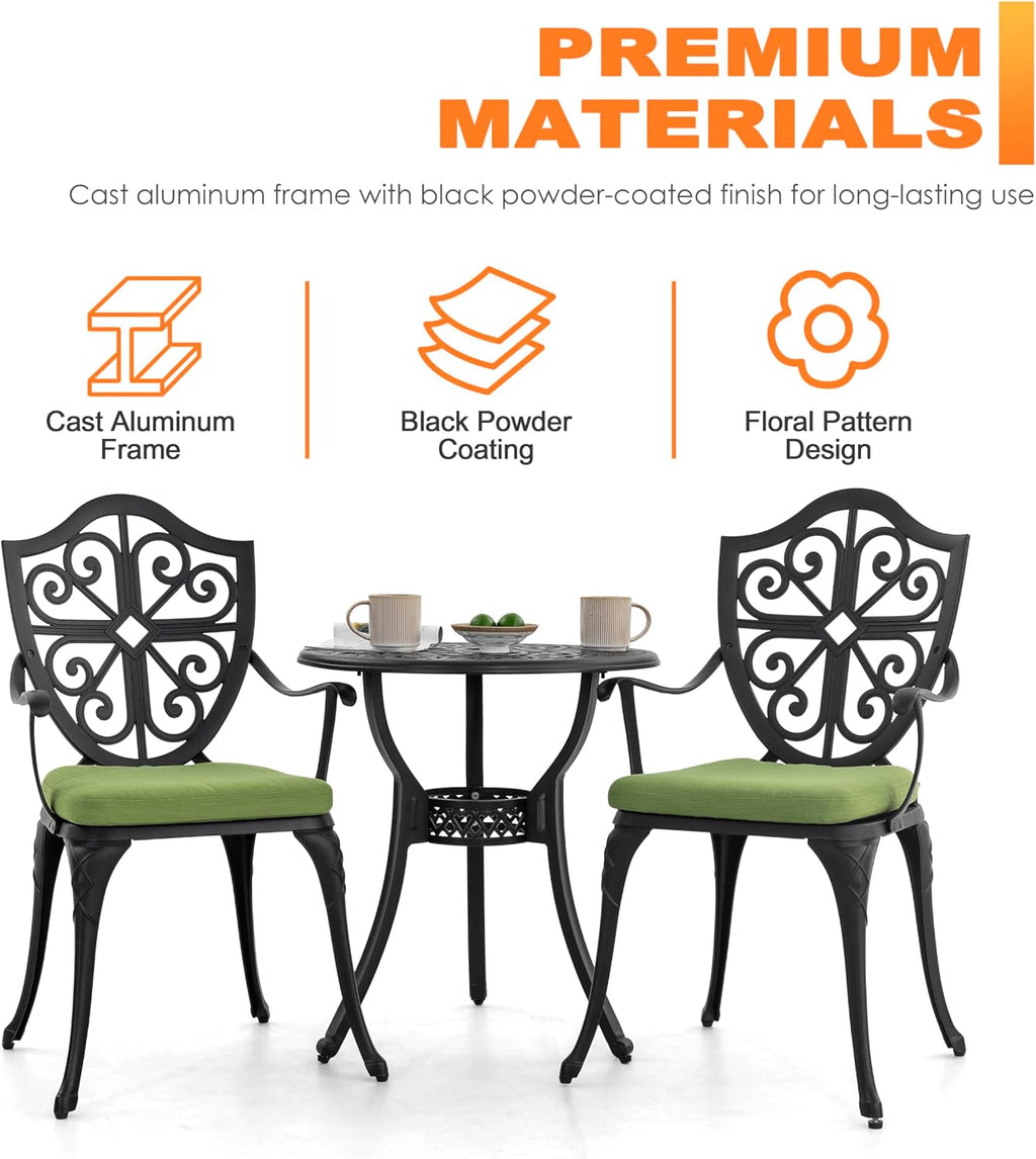 NUU GARDEN 3 Piece Outdoor Bistro Set, Outdoor Cast Aluminum Patio Bistro Table and Chairs Set of 2 with Umbrella Hole and Green Cushions for Backyard, Balcony, Porch, Black
